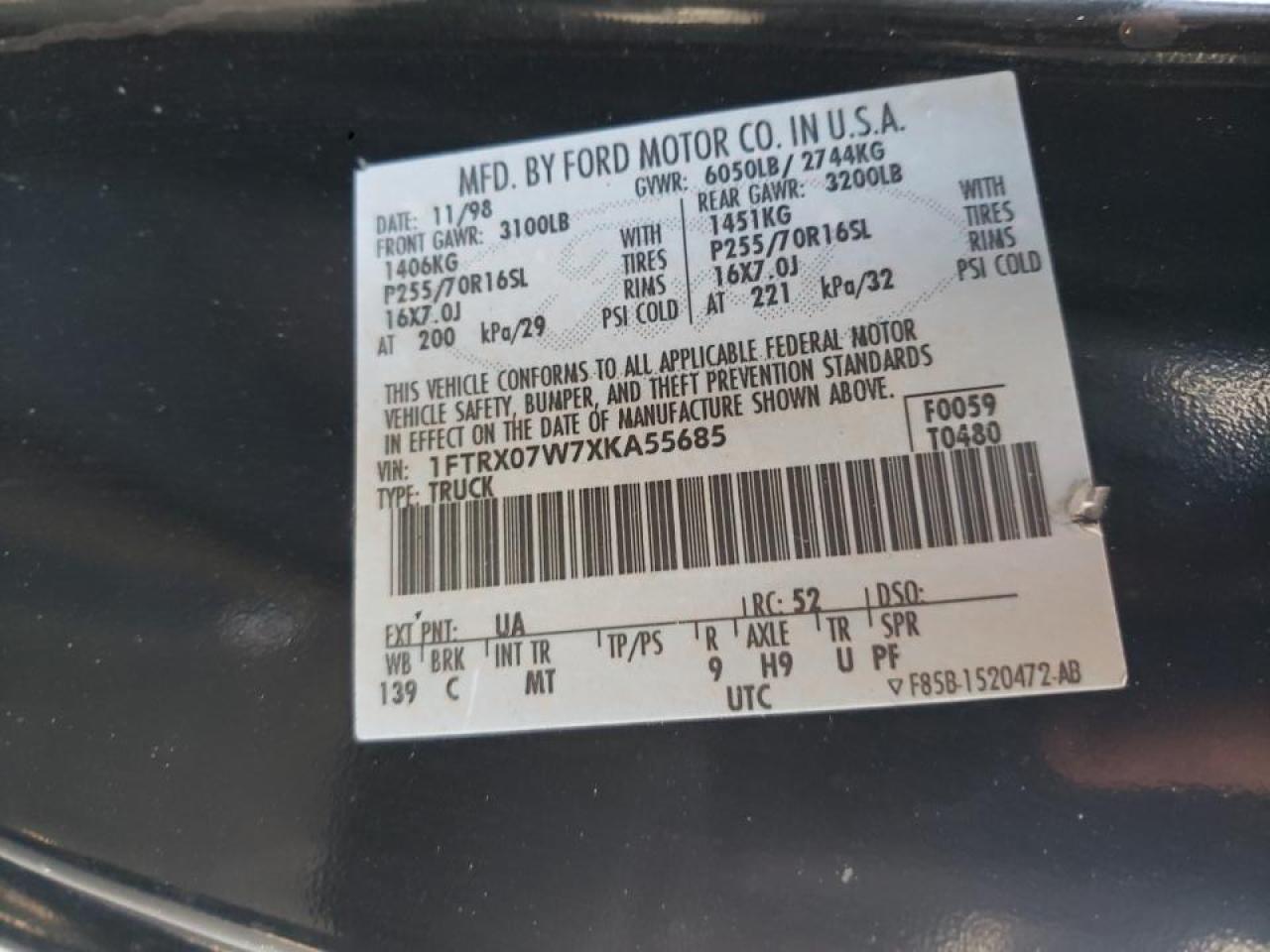Photo 10 from auction – 1999 FORD F150 with VIN 1FTRX07W7XKA55685