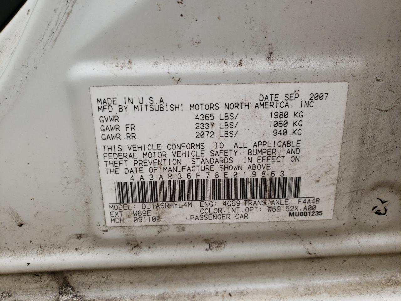 Photo 10 from auction – 2008 MITSUBISHI GALANT ES with VIN 4A3AB36F78E019863