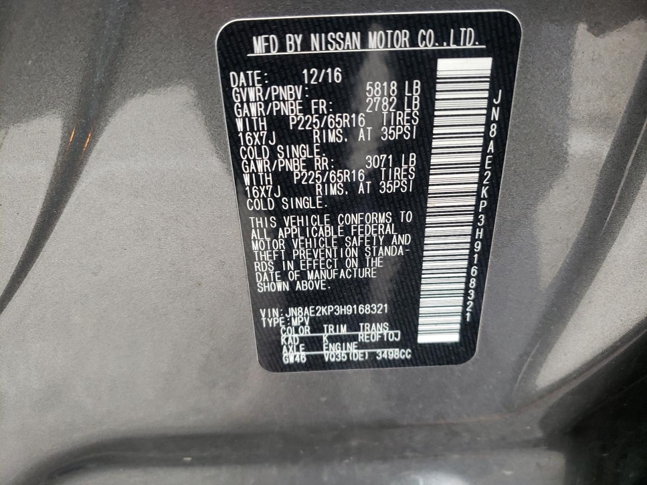 Photo 10 from auction – 2017 NISSAN QUEST S with VIN JN8AE2KP3H9168321