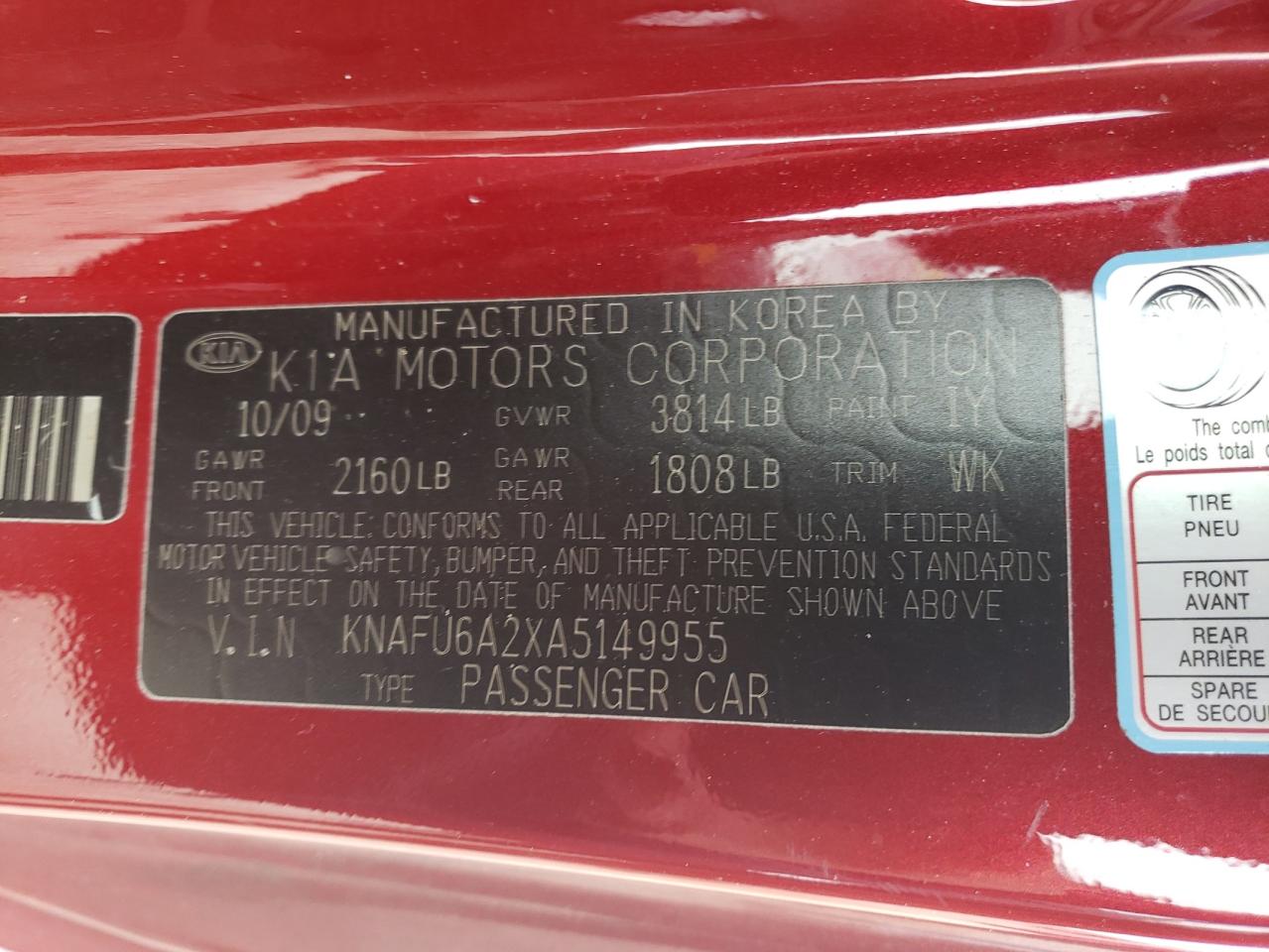 Photo 10 from auction – 2010 KIA FORTE EX with VIN KNAFU6A2XA5149955
