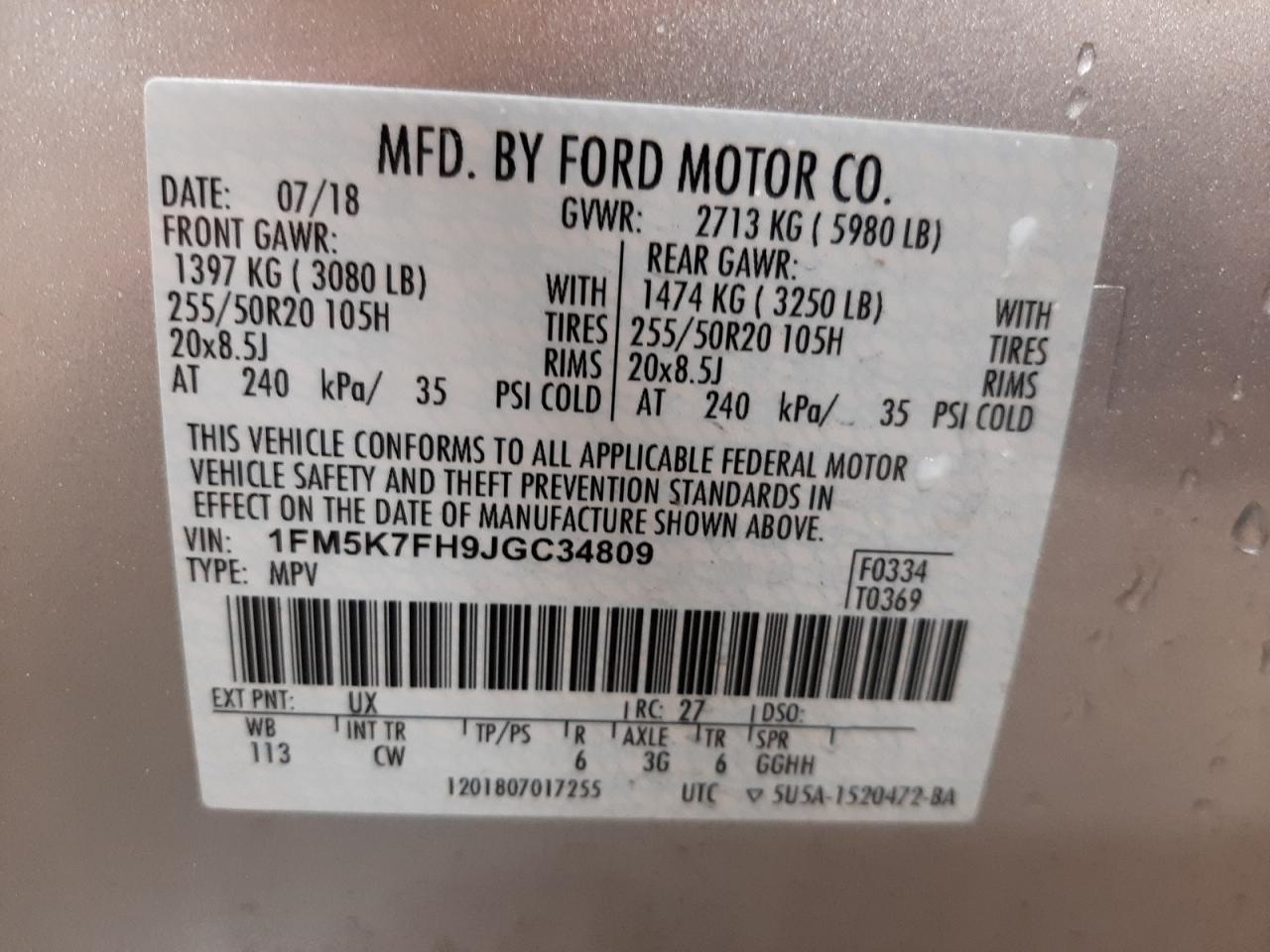Photo 10 from auction – 2018 FORD EXPLORER L with VIN 1FM5K7FH9JGC34809