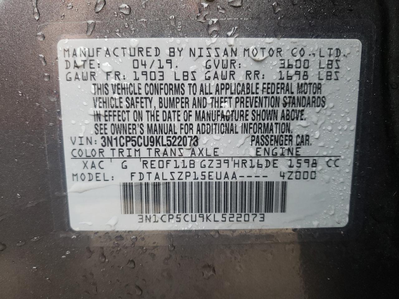 Photo 10 from auction – 2019 NISSAN KICKS S with VIN 3N1CP5CU9KL522073