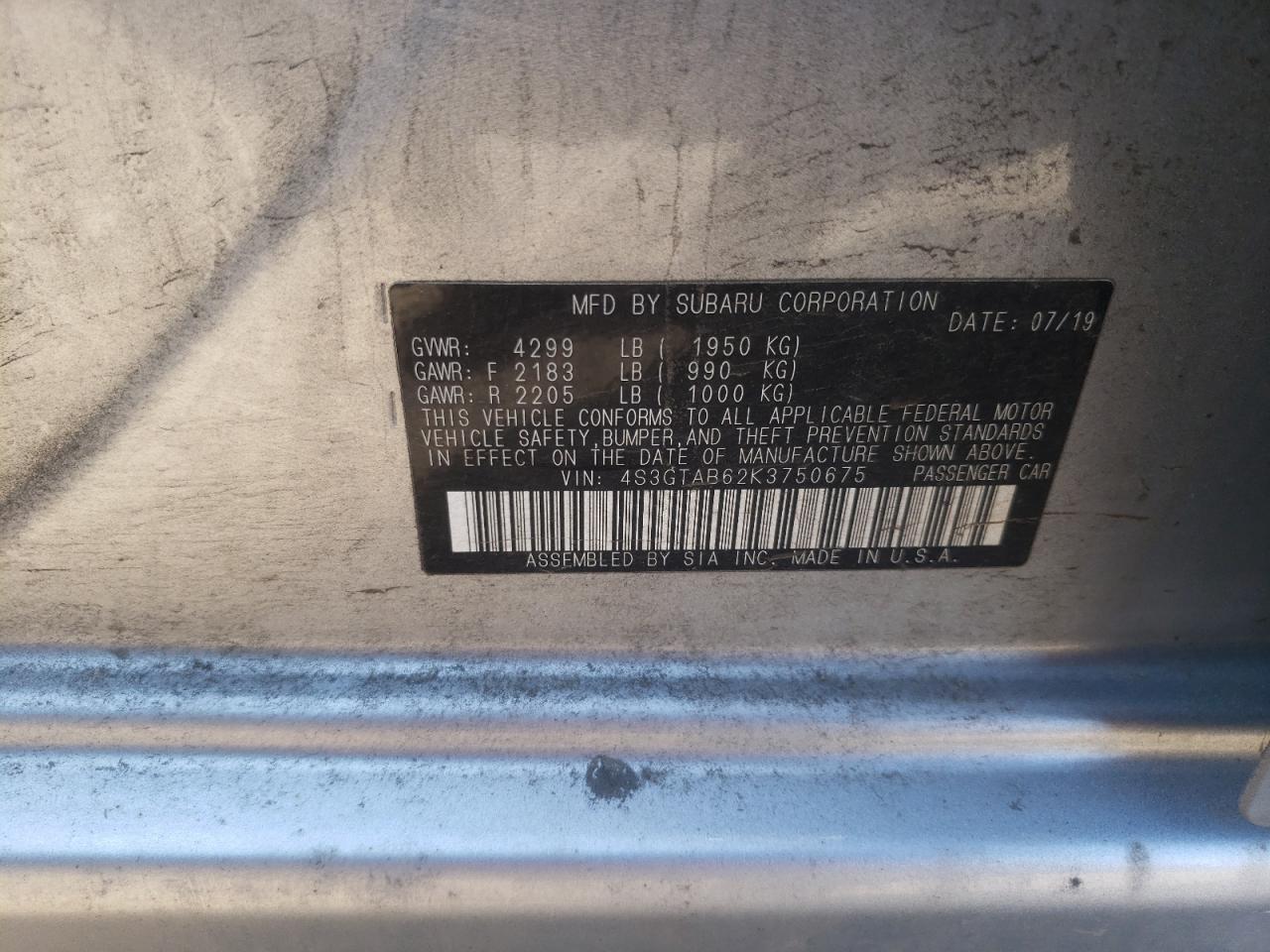 Photo 10 from auction – 2019 SUBARU IMPREZA with VIN 4S3GTAB62K3750675