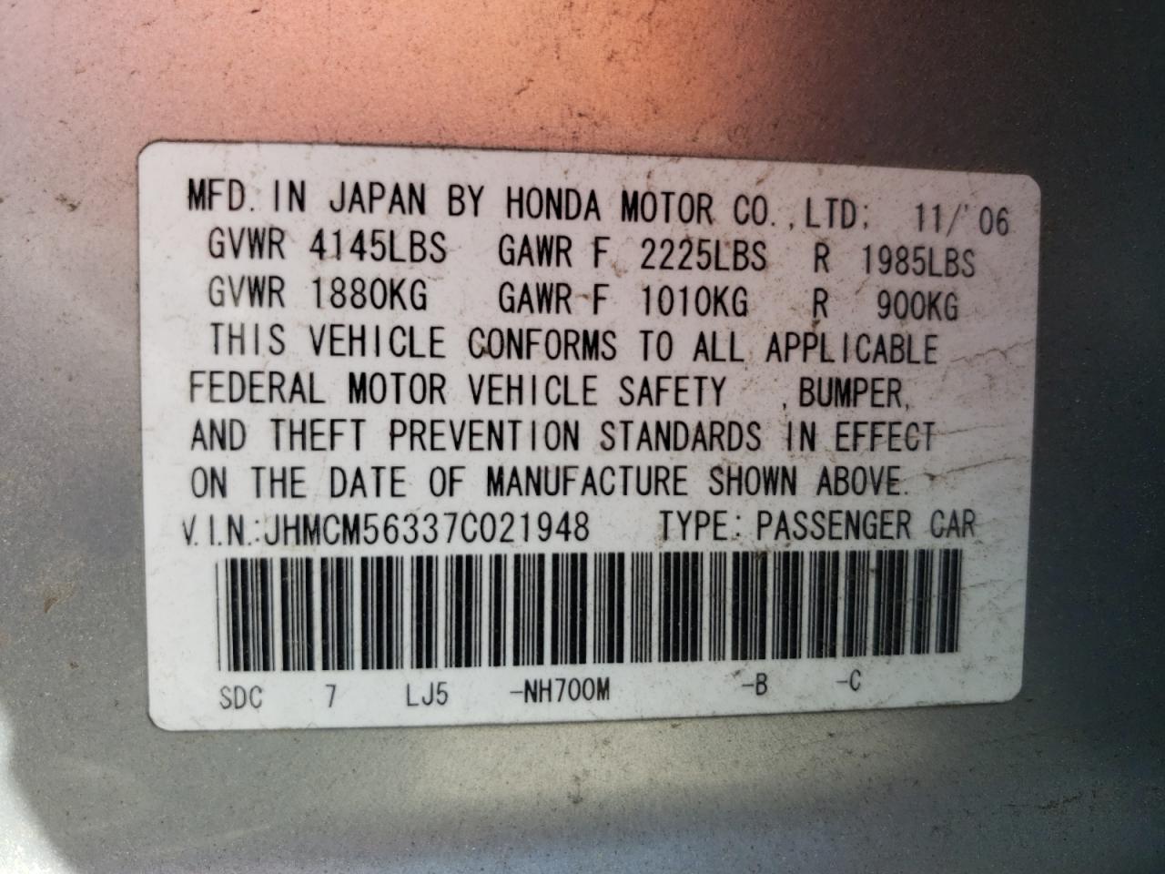 Photo 10 from auction – 2007 HONDA ACCORD with VIN JHMCM56337C021948