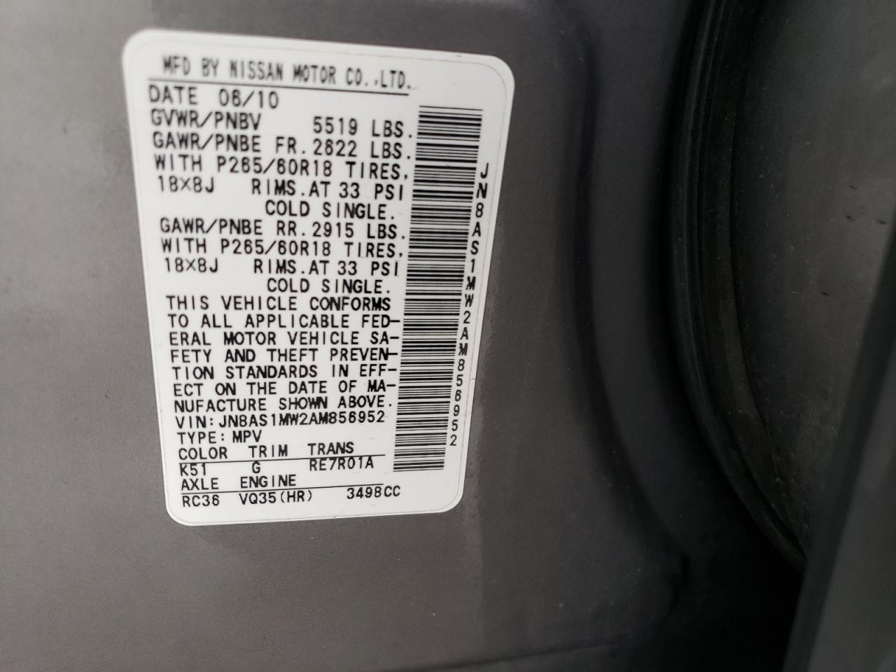 Photo 10 from auction – 2010 INFINITI FX35 with VIN JN8AS1MW2AM856952