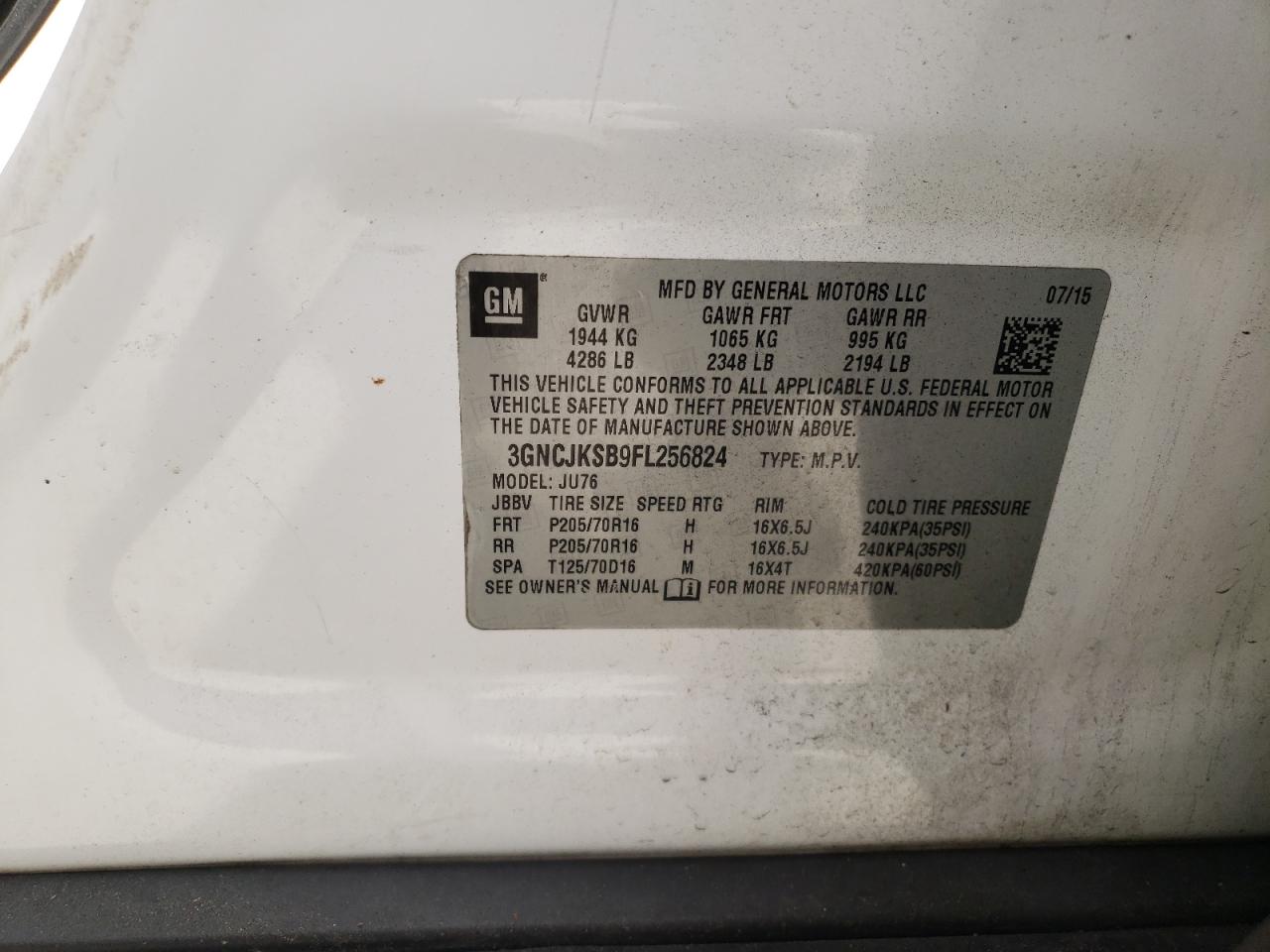 Photo 10 from auction – 2015 CHEVROLET TRAX LS with VIN 3GNCJKSB9FL256824