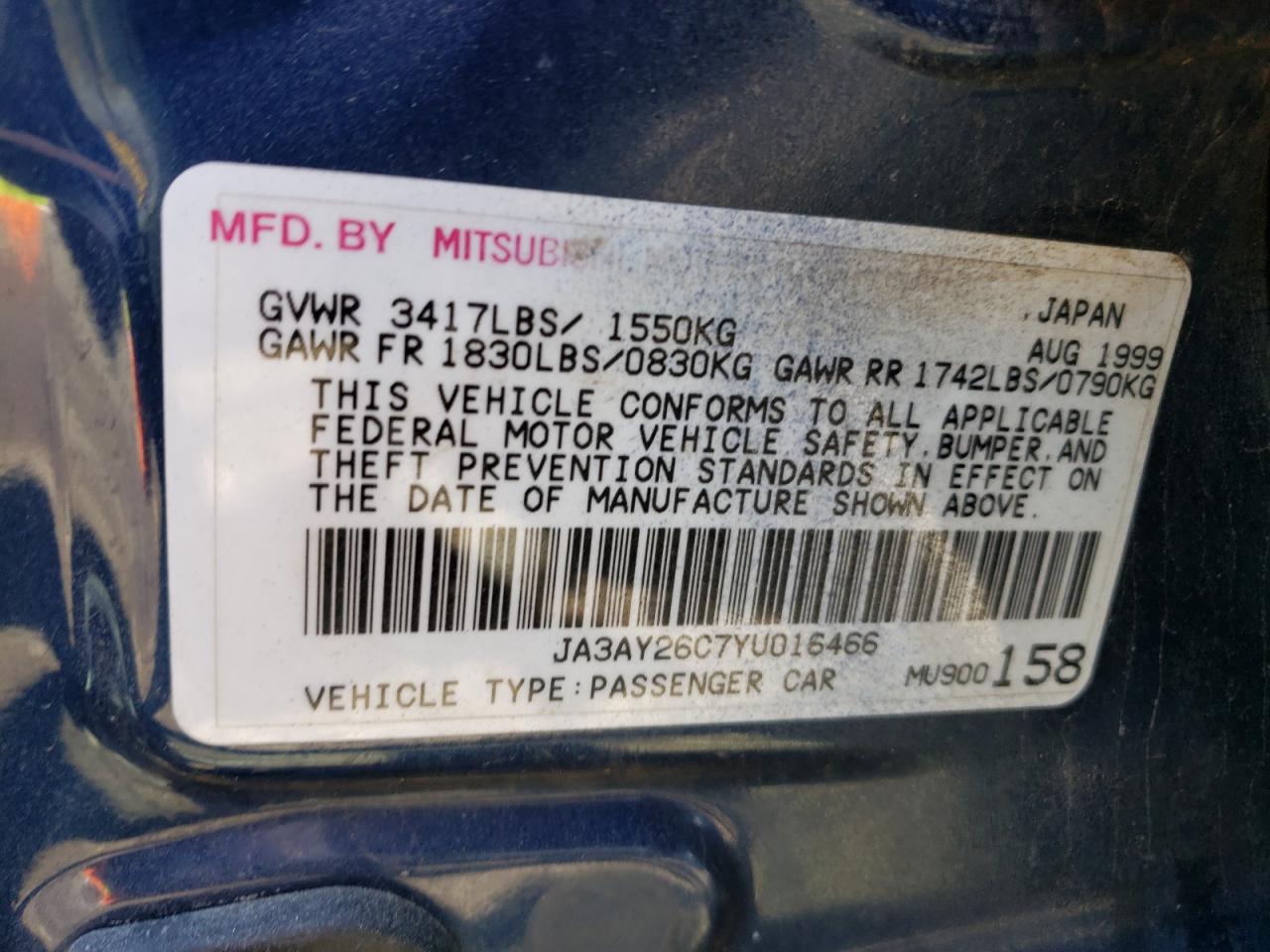 Photo 10 from auction – 2000 MITSUBISHI MIRAGE DE with VIN JA3AY26C7YU016466