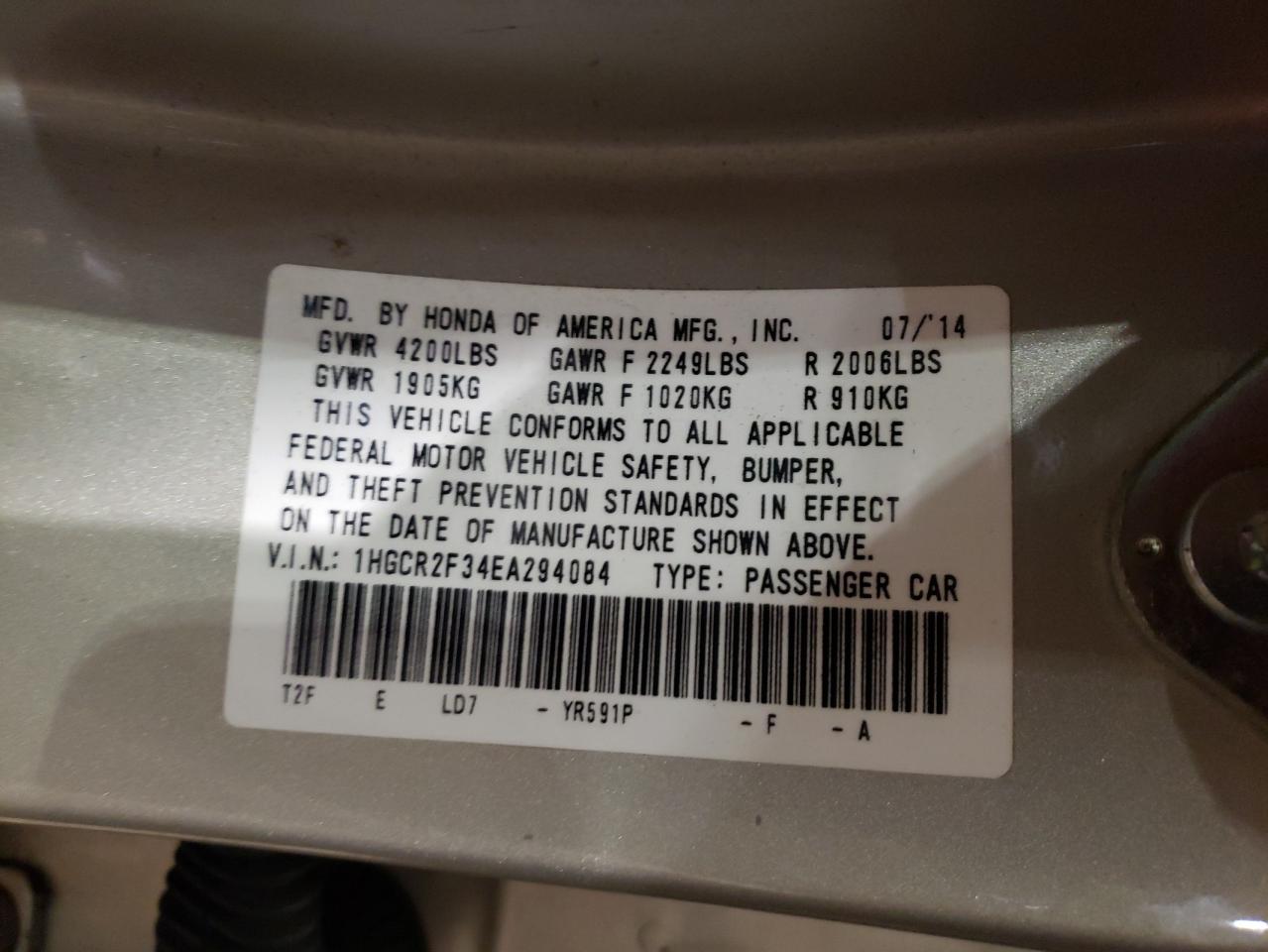 Photo 10 from auction – 2014 HONDA ACCORD LX with VIN 1HGCR2F34EA294084