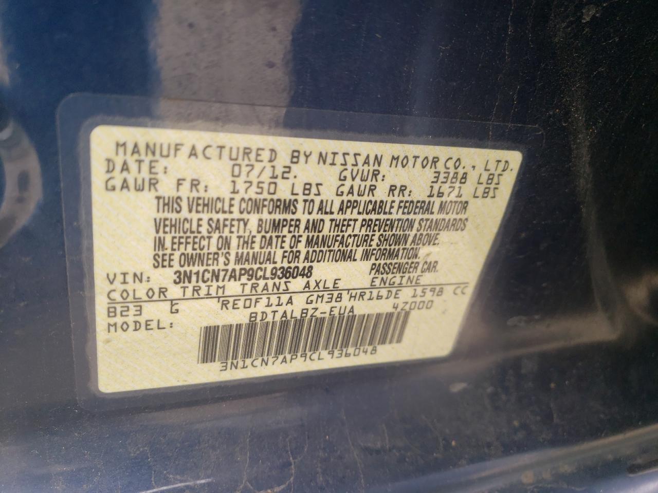 Photo 10 from auction – 2012 NISSAN VERSA S with VIN 3N1CN7AP9CL936048