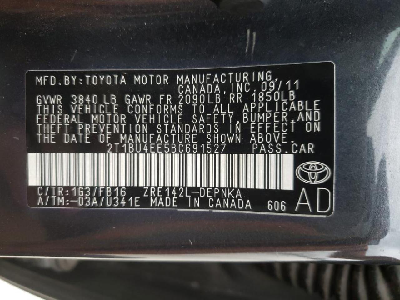 Photo 10 from auction – 2011 TOYOTA COROLLA BA with VIN 2T1BU4EE5BC691527