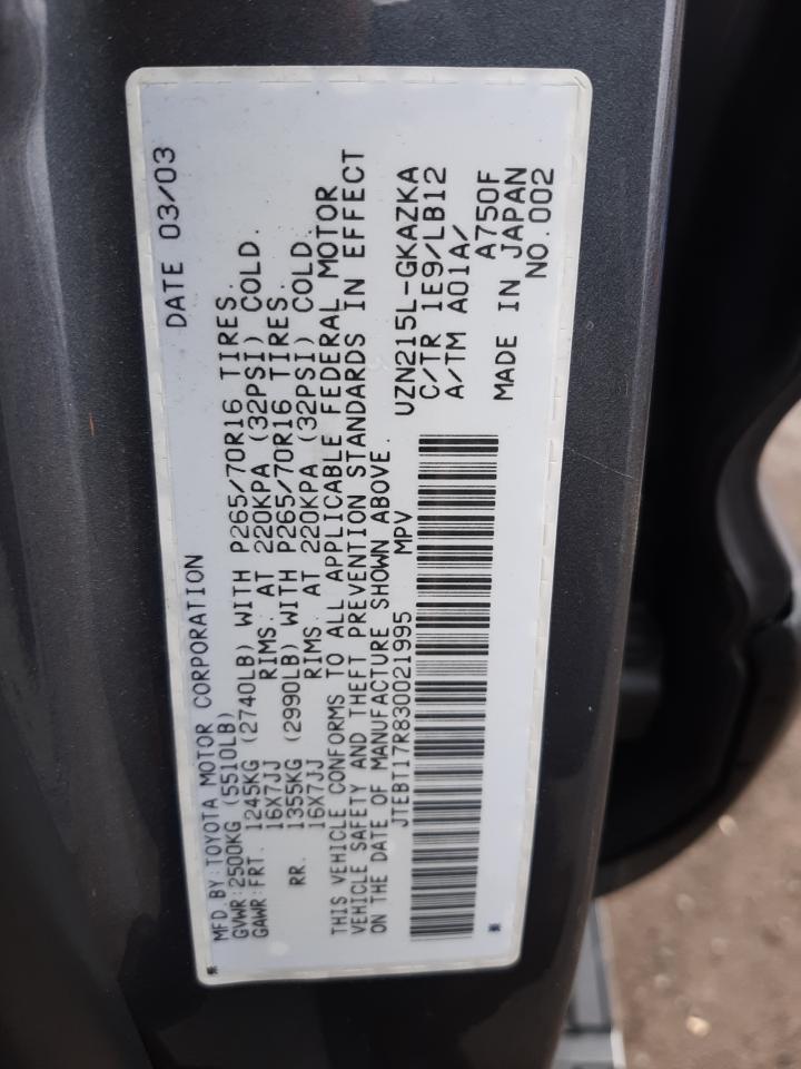 Photo 10 from auction – 2003 TOYOTA 4RUNNER LI with VIN JTEBT17R830021995