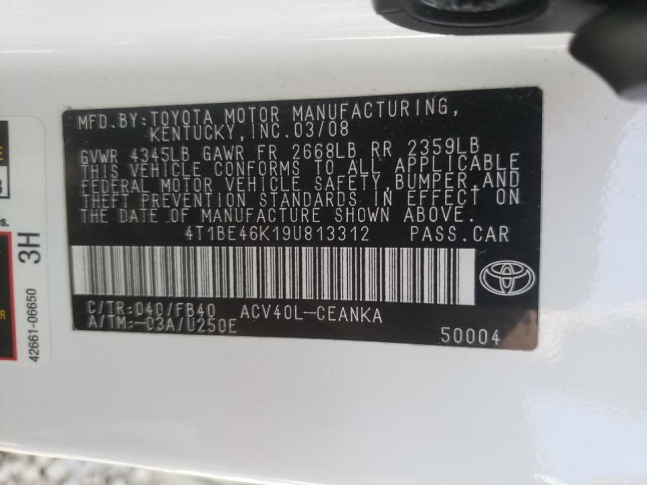 Photo 10 from auction – 2009 TOYOTA CAMRY BASE with VIN 4T1BE46K19U813312