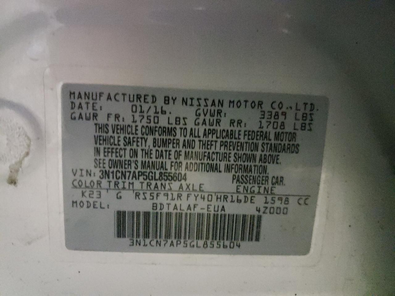 Photo 10 from auction – 2016 NISSAN VERSA S with VIN 3N1CN7AP5GL855604