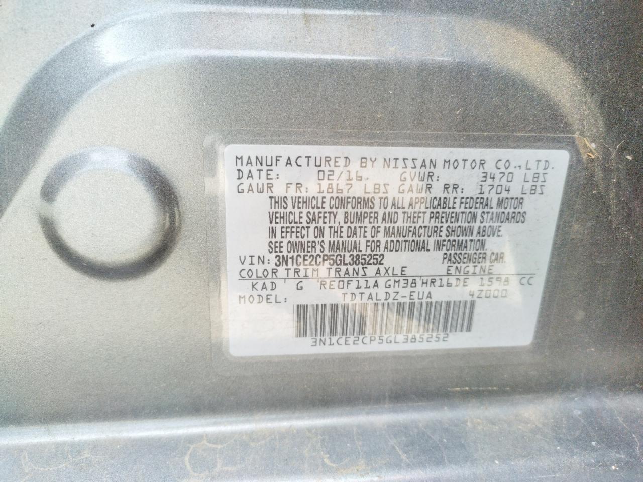 Photo 10 from auction – 2016 NISSAN VERSA NOTE with VIN 3N1CE2CP5GL385252