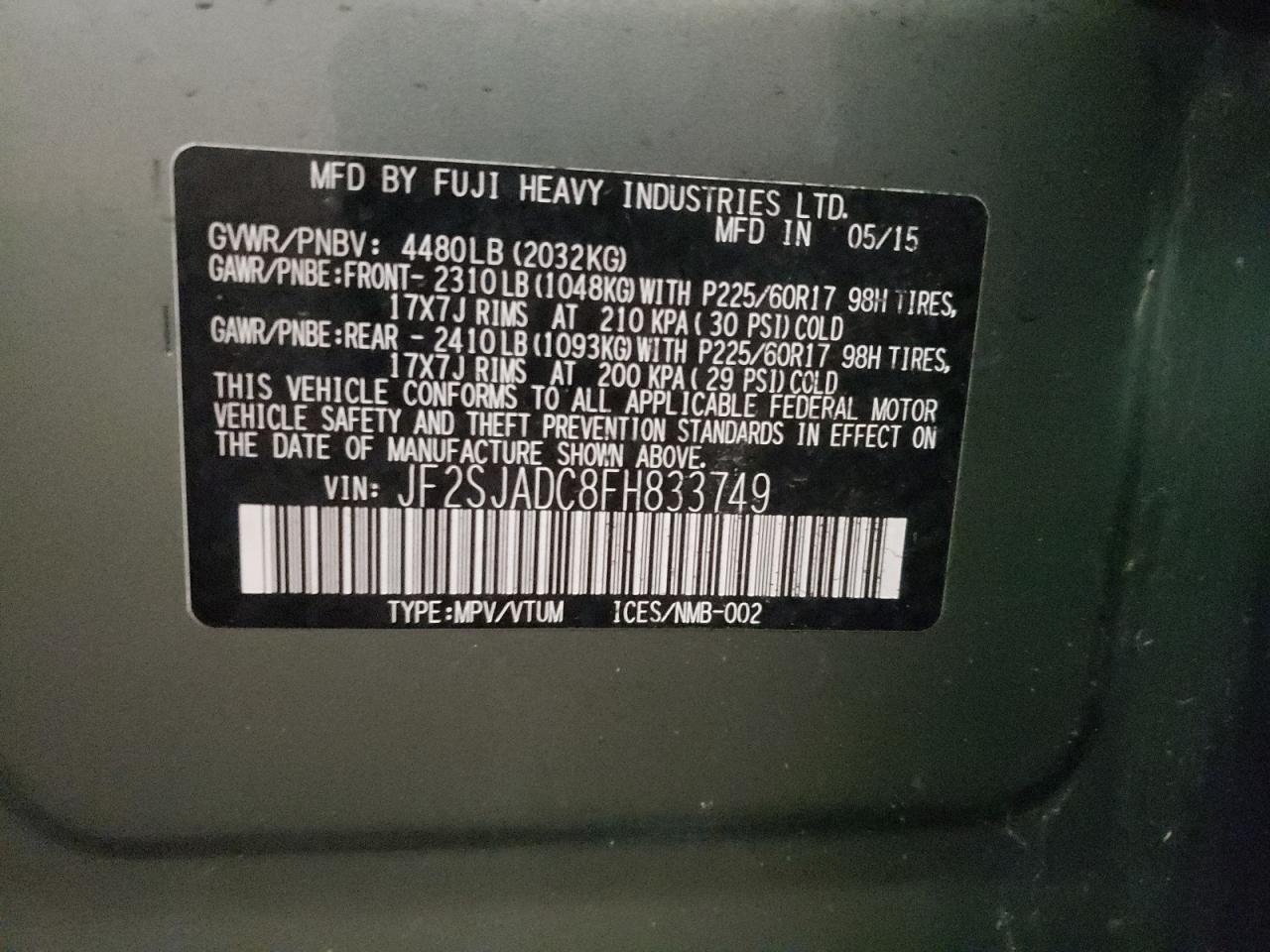 Photo 10 from auction – 2015 SUBARU FORESTER 2 with VIN JF2SJADC8FH833749