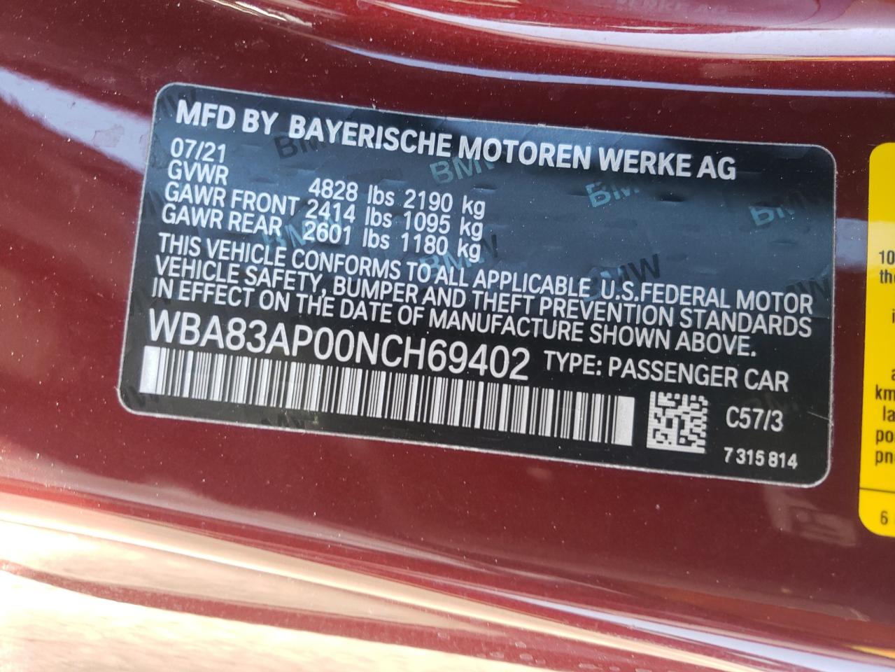 Photo 10 from auction – 2022 BMW M440I with VIN WBA83AP00NCH69402