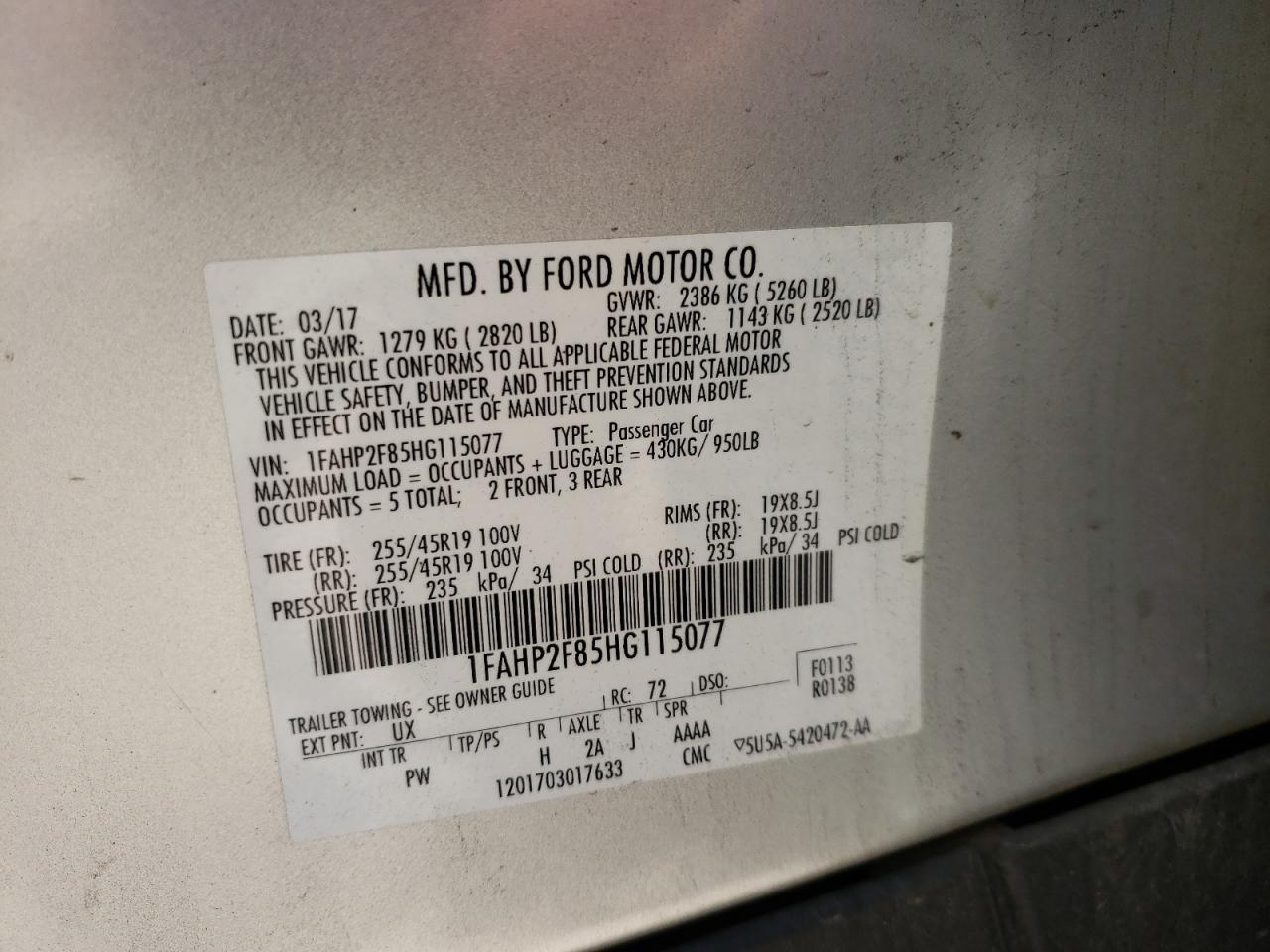 Photo 10 from auction – 2017 FORD TAURUS LIM with VIN 1FAHP2F85HG115077