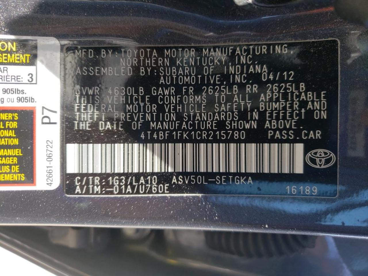 Photo 10 from auction – 2012 TOYOTA CAMRY BASE with VIN 4T4BF1FK1CR215780