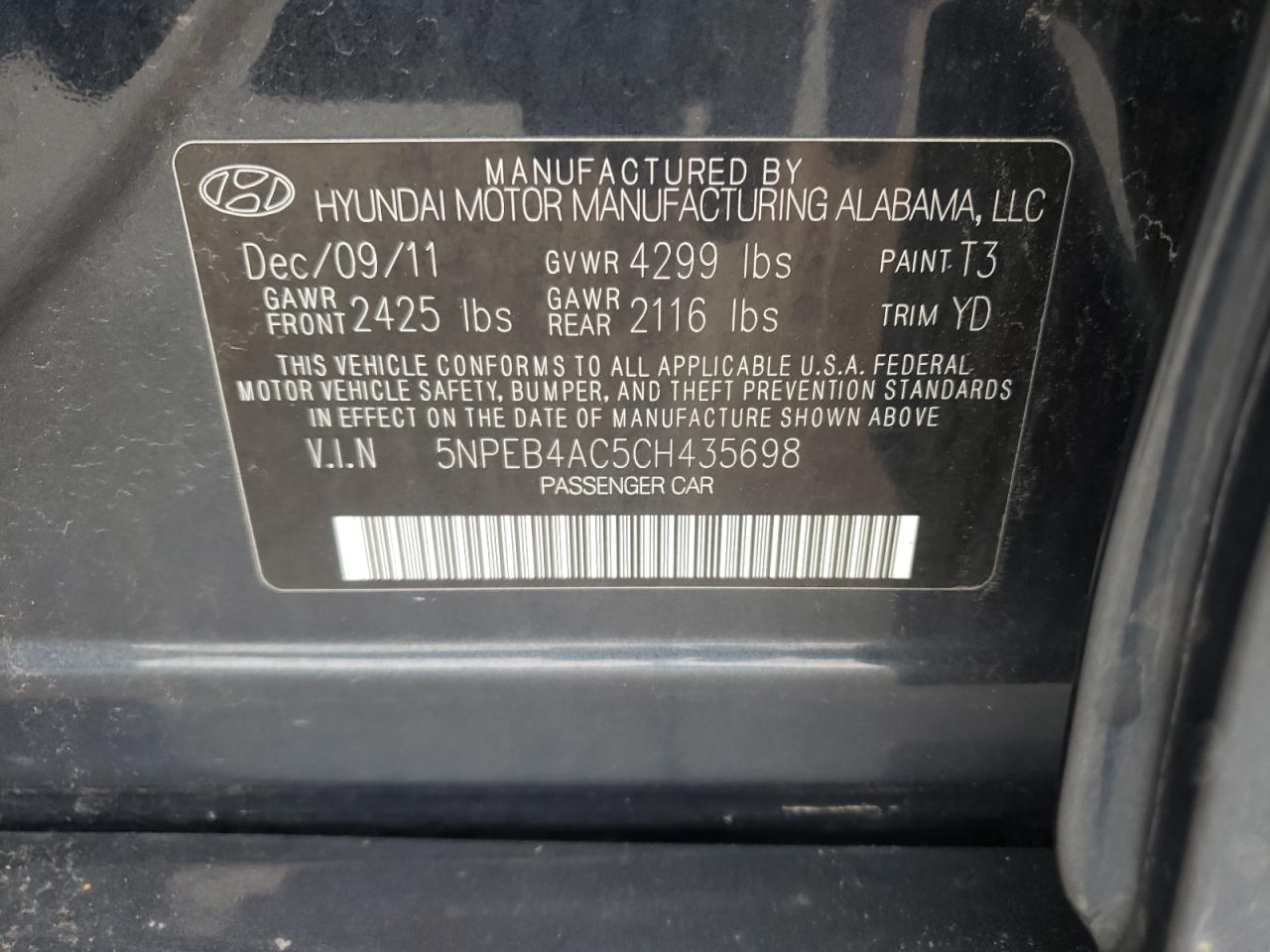 Photo 10 from auction – 2012 HYUNDAI SONATA GLS with VIN 5NPEB4AC5CH435698