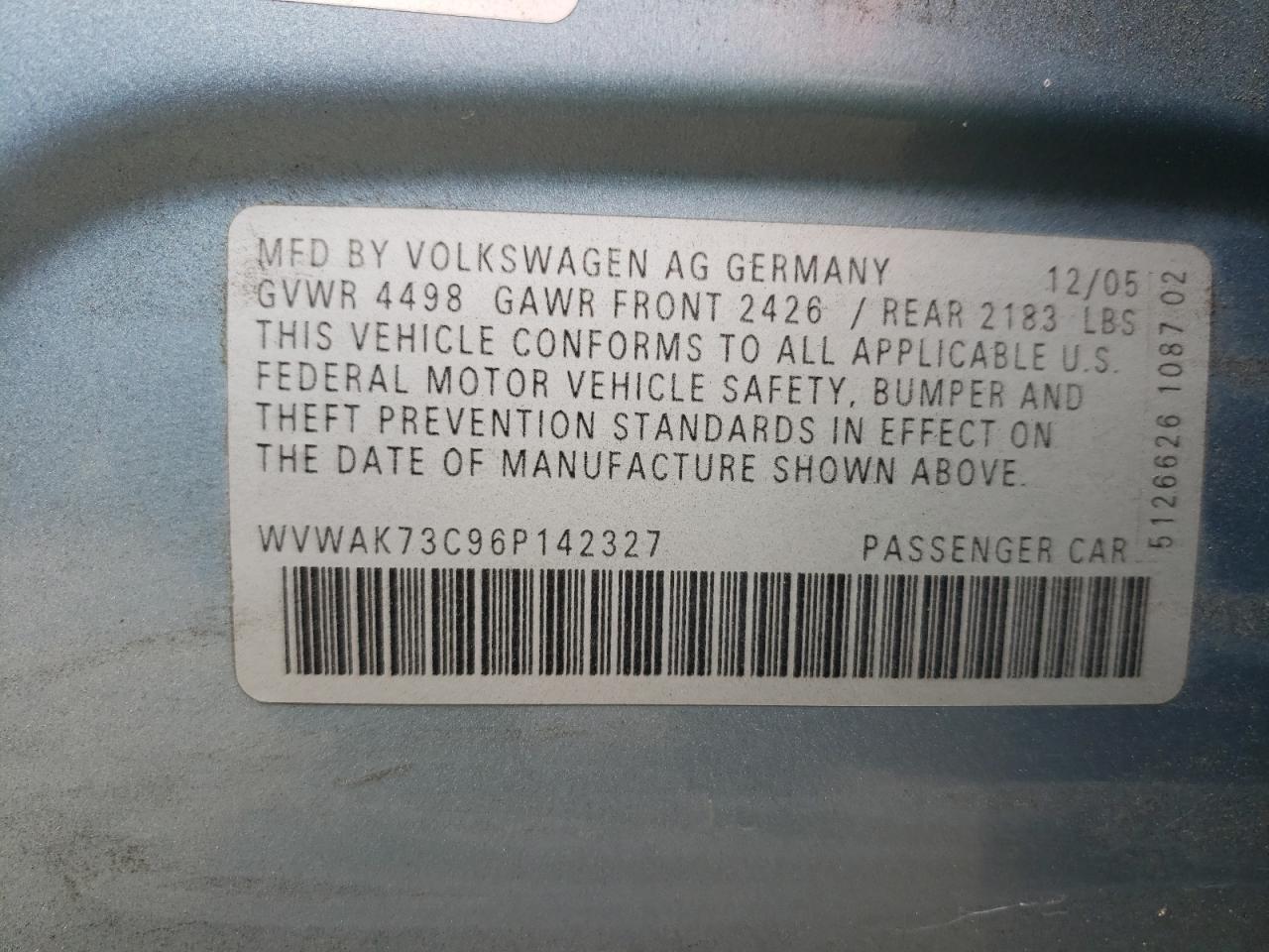 Photo 10 from auction – 2006 VOLKSWAGEN PASSAT 2.0 with VIN WVWAK73C96P142327