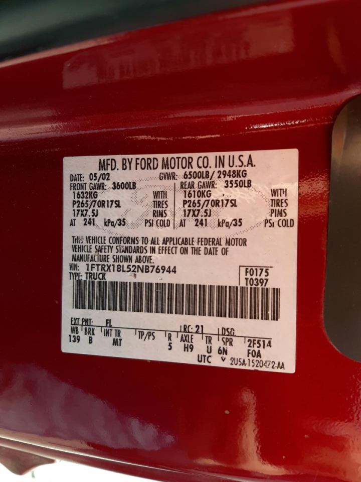 Photo 10 from auction – 2002 FORD F150 with VIN 1FTRX18L52NB76944