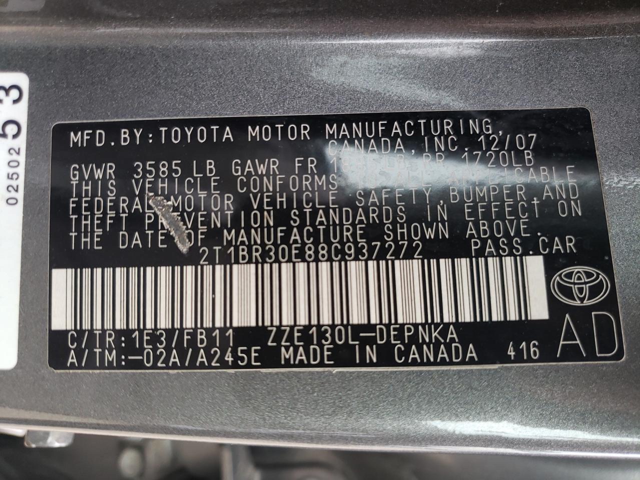 Photo 10 from auction – 2008 TOYOTA COROLLA CE with VIN 2T1BR30E88C937272