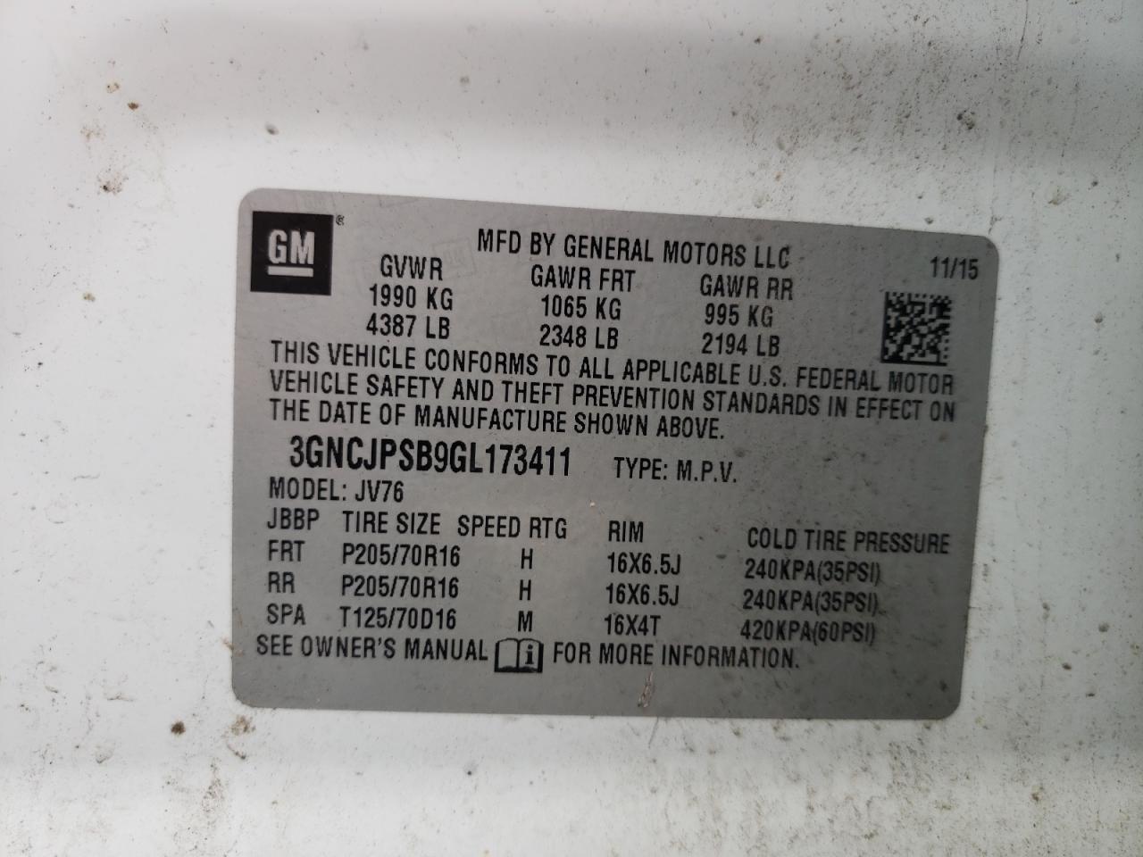 Photo 10 from auction – 2016 CHEVROLET TRAX with VIN 3GNCJPSB9GL173411