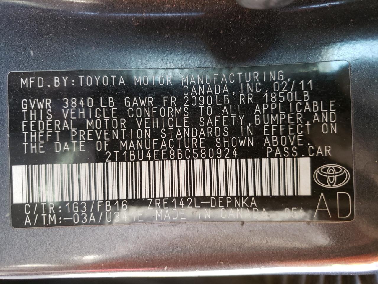 Photo 10 from auction – 2011 TOYOTA COROLLA BA with VIN 2T1BU4EE8BC580924