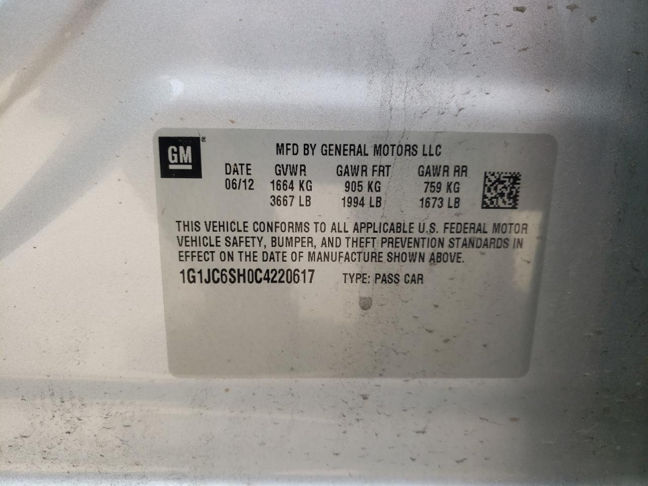 Photo 10 from auction – 2012 CHEVROLET SONIC LT with VIN 1G1JC6SH0C4220617