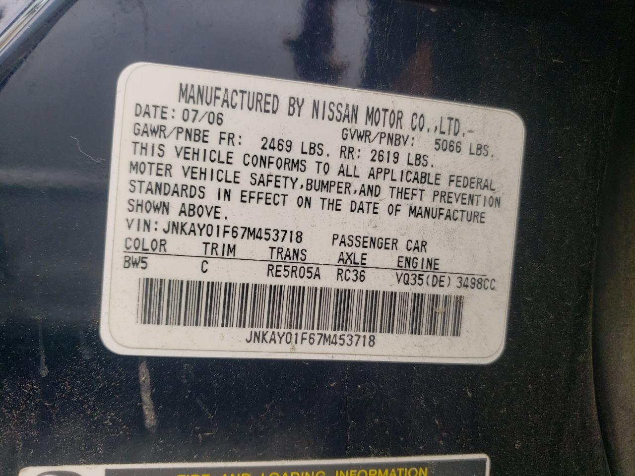 Photo 10 from auction – 2007 INFINITI M35 BASE with VIN JNKAY01F67M453718