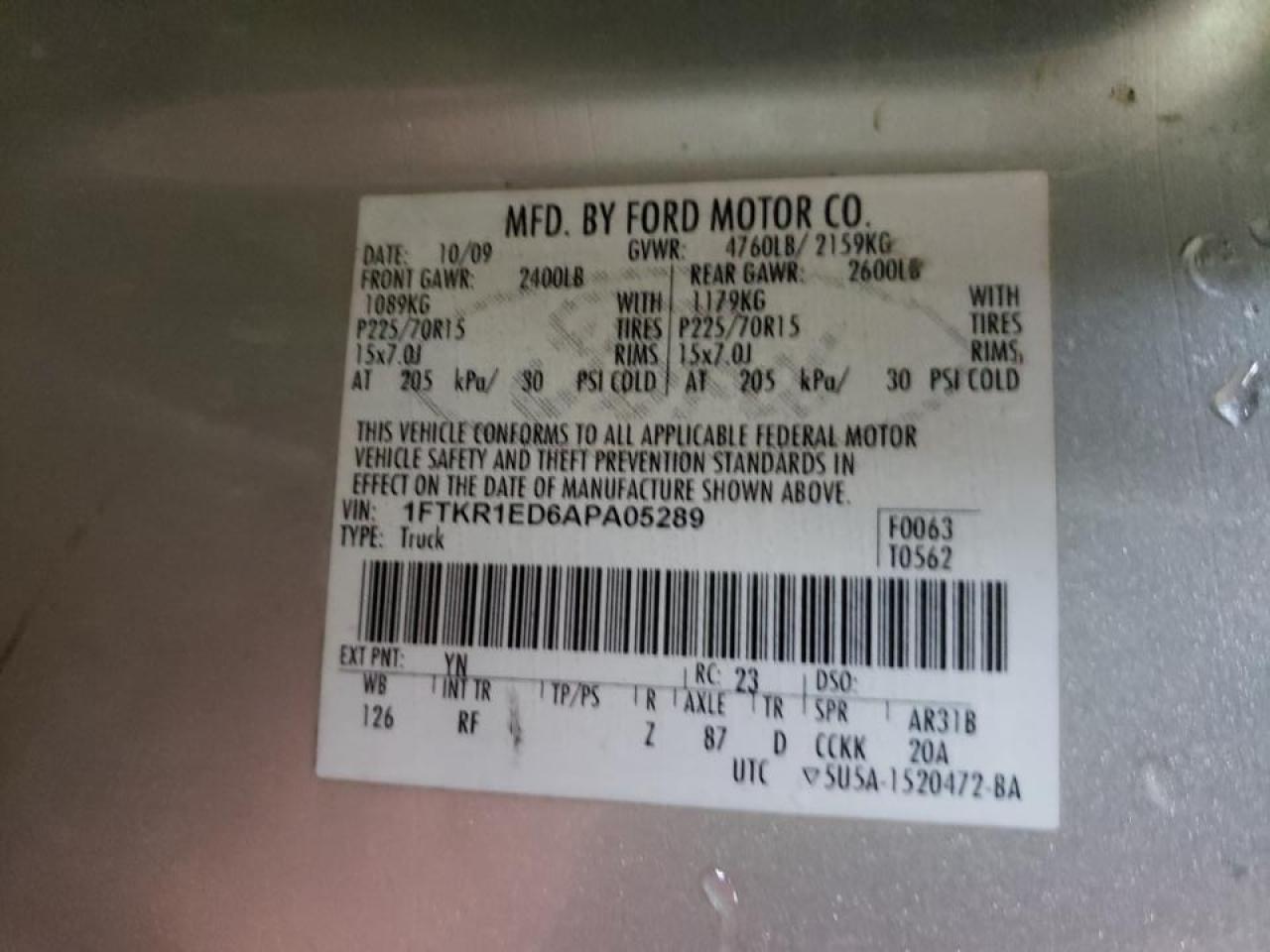 Photo 10 from auction – 2010 FORD RANGER SUP with VIN 1FTKR1ED6APA05289