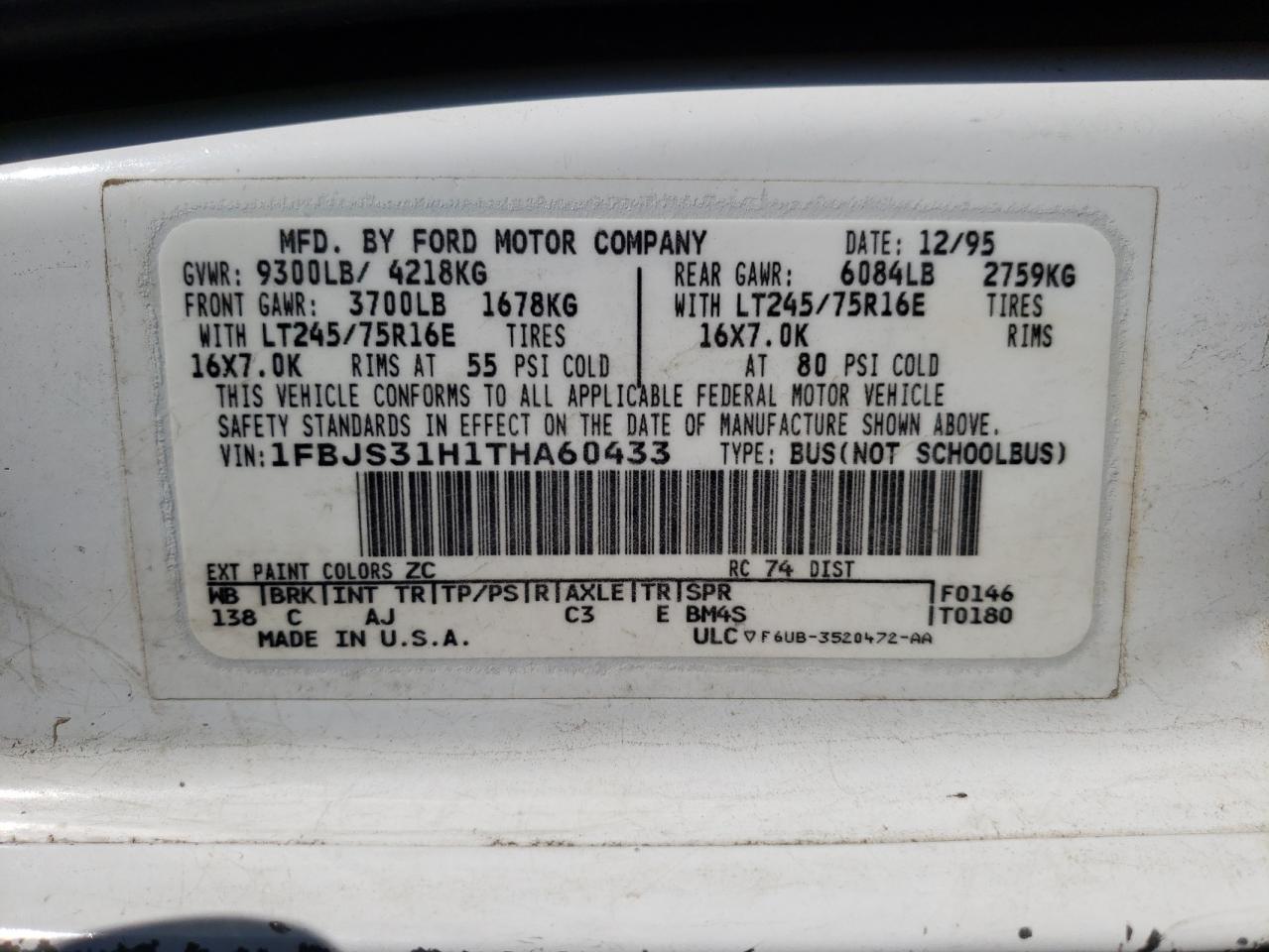Photo 10 from auction – 1996 FORD ECONOLINE with VIN 1FBJS31H1THA60433