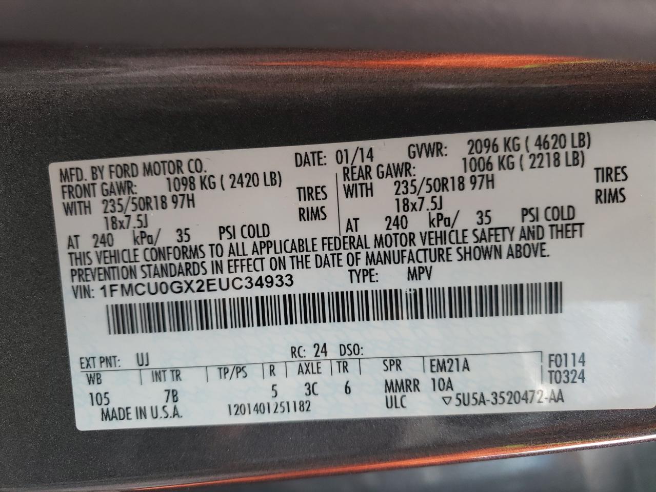Photo 10 from auction – 2014 FORD ESCAPE SE with VIN 1FMCU0GX2EUC34933