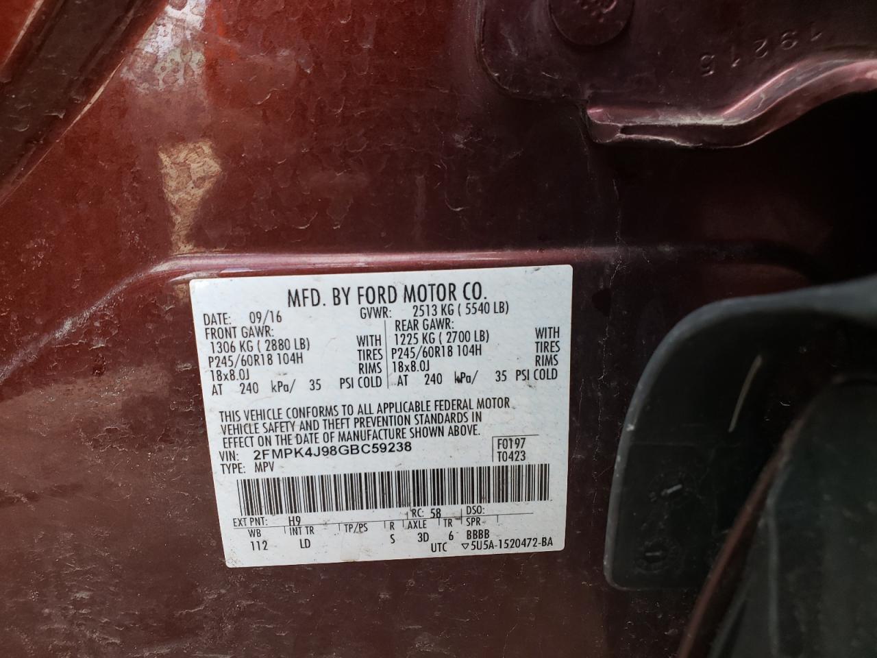 Photo 20 from auction – 2016 FORD EDGE SEL with VIN 2FMPK4J98GBC59238