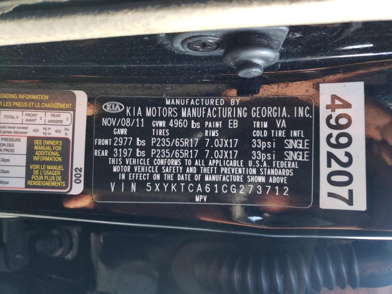 Photo 10 from auction – 2012 KIA SORENTO BA with VIN 5XYKTCA61CG273712