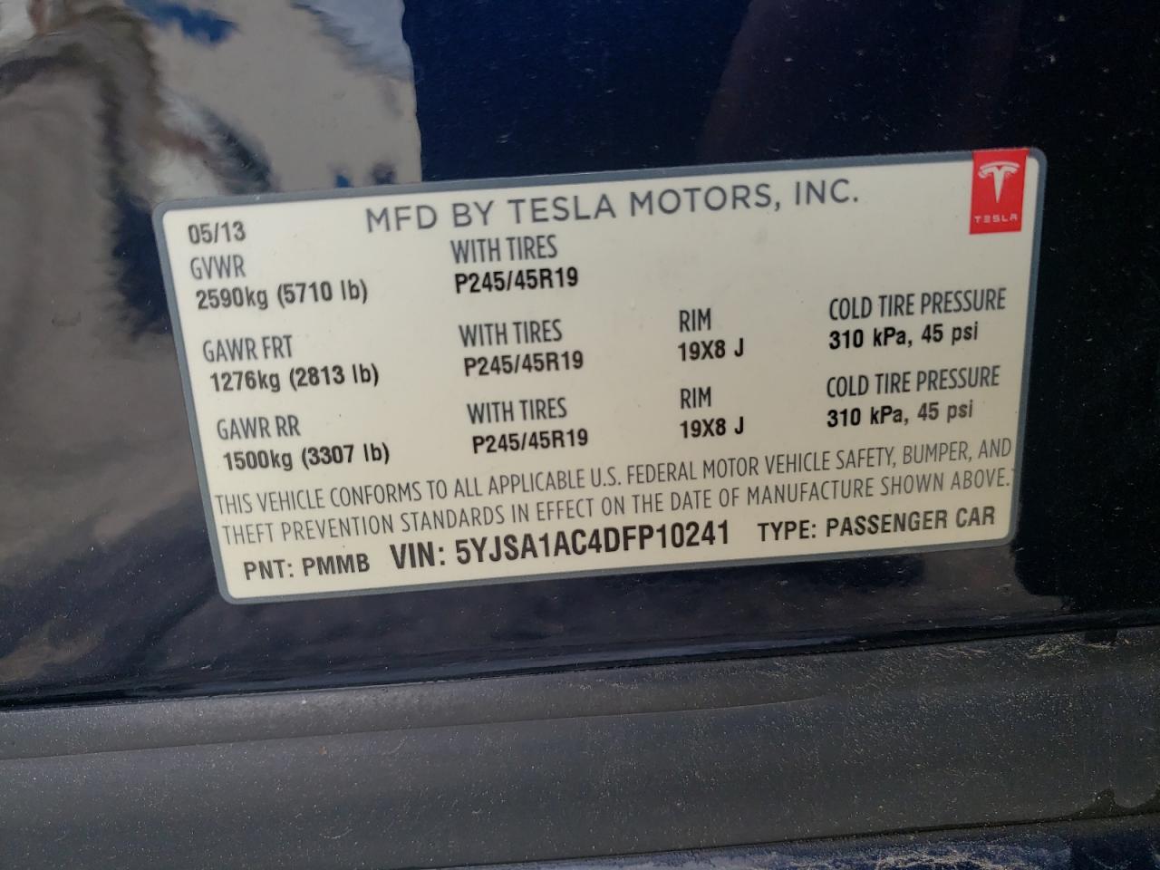 Photo 10 from auction – 2013 TESLA MODEL S with VIN 5YJSA1AC4DFP10241