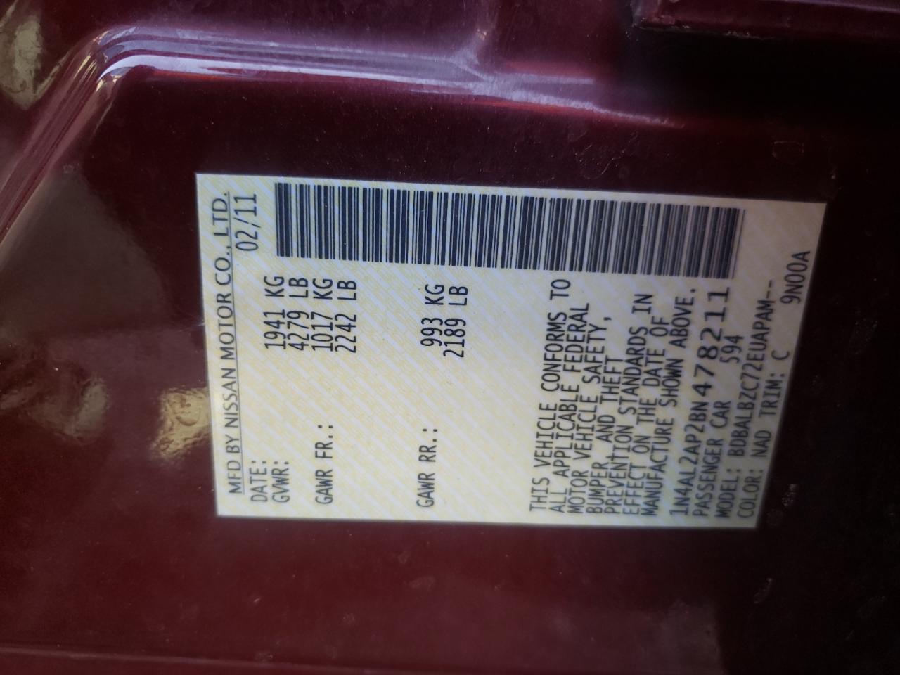 Photo 10 from auction – 2011 NISSAN ALTIMA BAS with VIN 1N4AL2AP2BN478211
