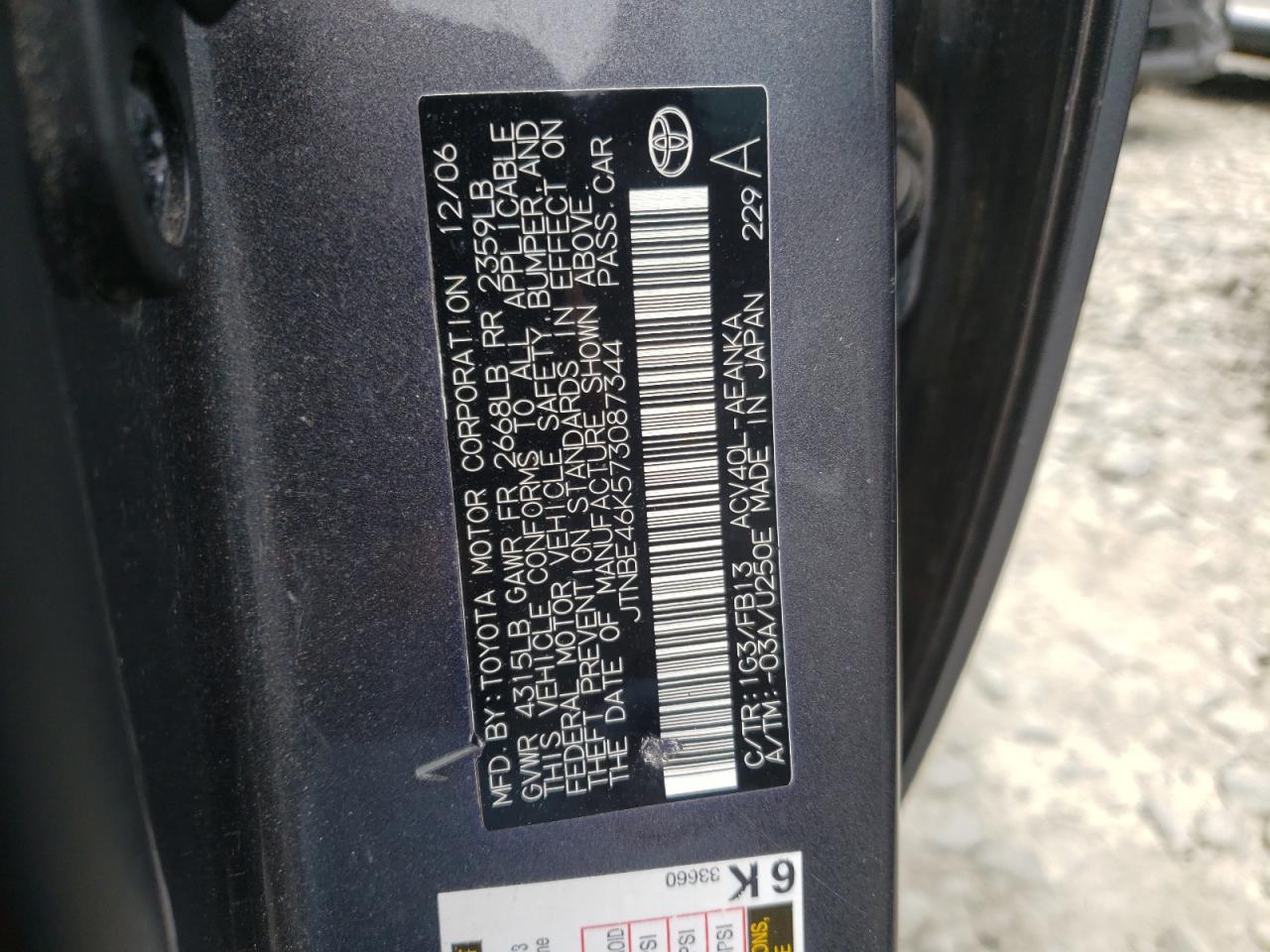 Photo 10 from auction – 2007 TOYOTA CAMRY CE with VIN JTNBE46K573087344