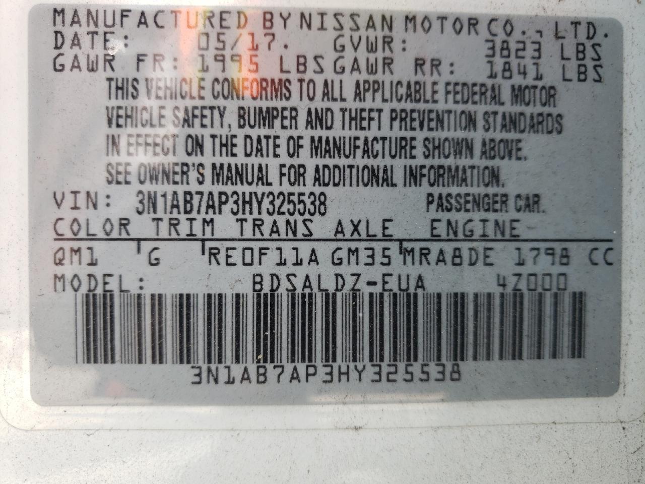 Photo 10 from auction – 2017 NISSAN SENTRA S with VIN 3N1AB7AP3HY325538