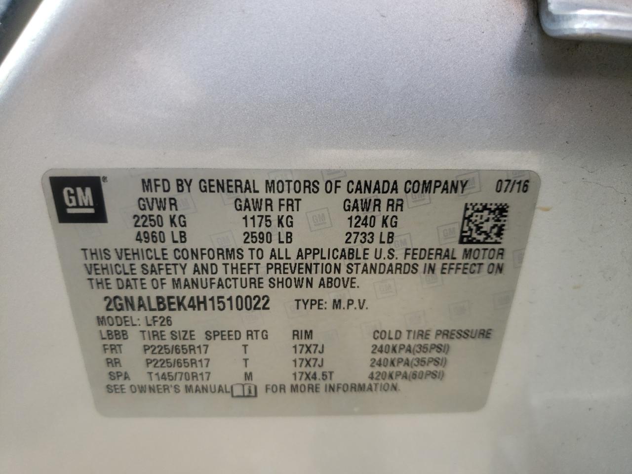 Photo 10 from auction – 2017 CHEVROLET EQUINOX LS with VIN 2GNALBEK4H1510022