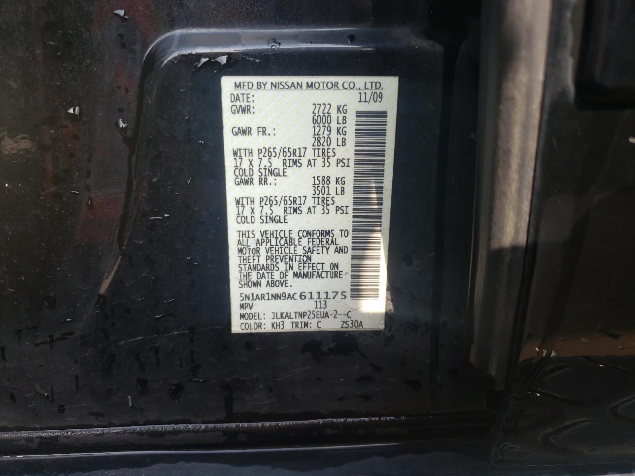Photo 10 from auction – 2010 NISSAN PATHFINDER with VIN 5N1AR1NN9AC611175