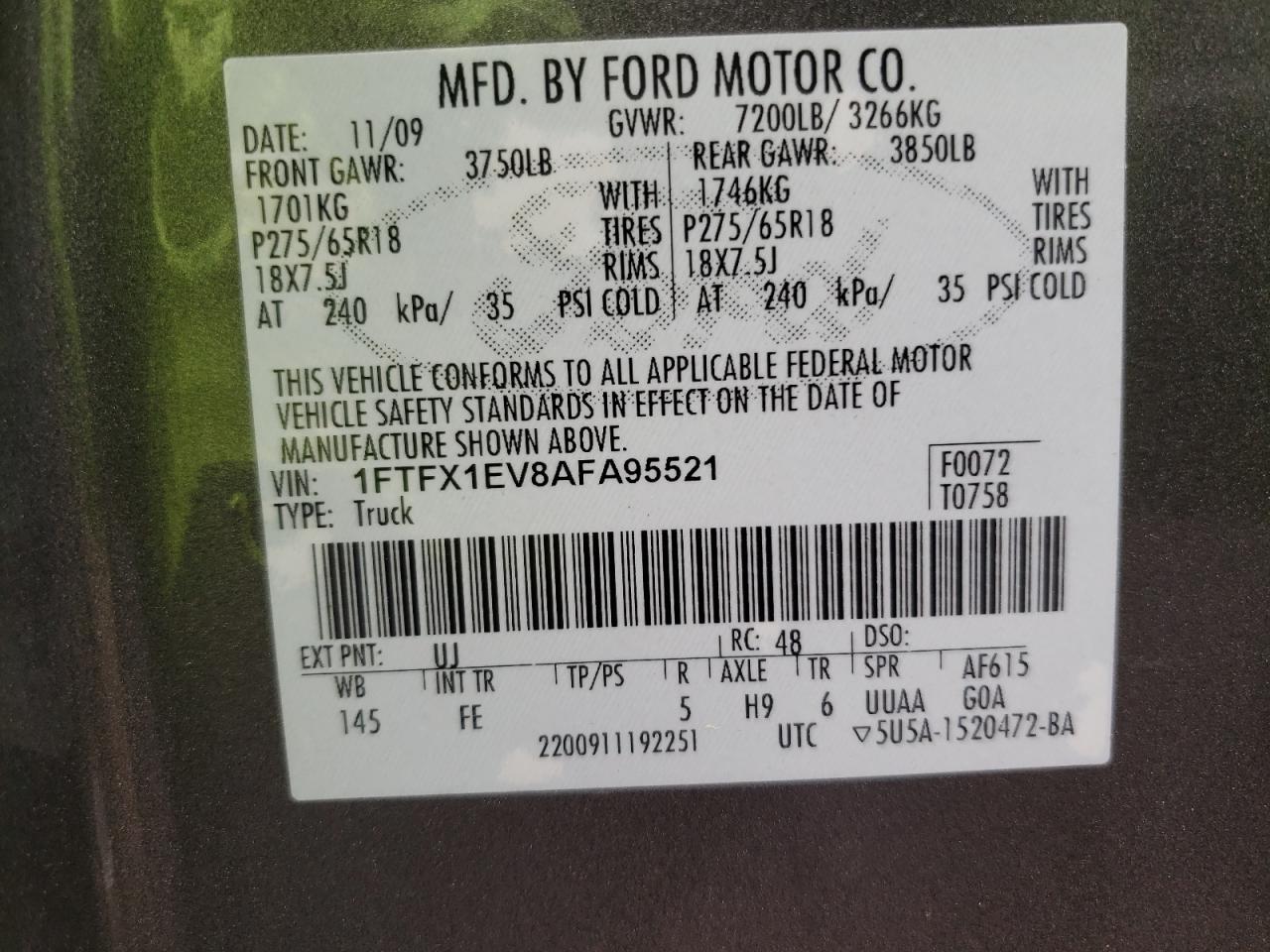 Photo 10 from auction – 2010 FORD F150 SUPER with VIN 1FTFX1EV8AFA95521