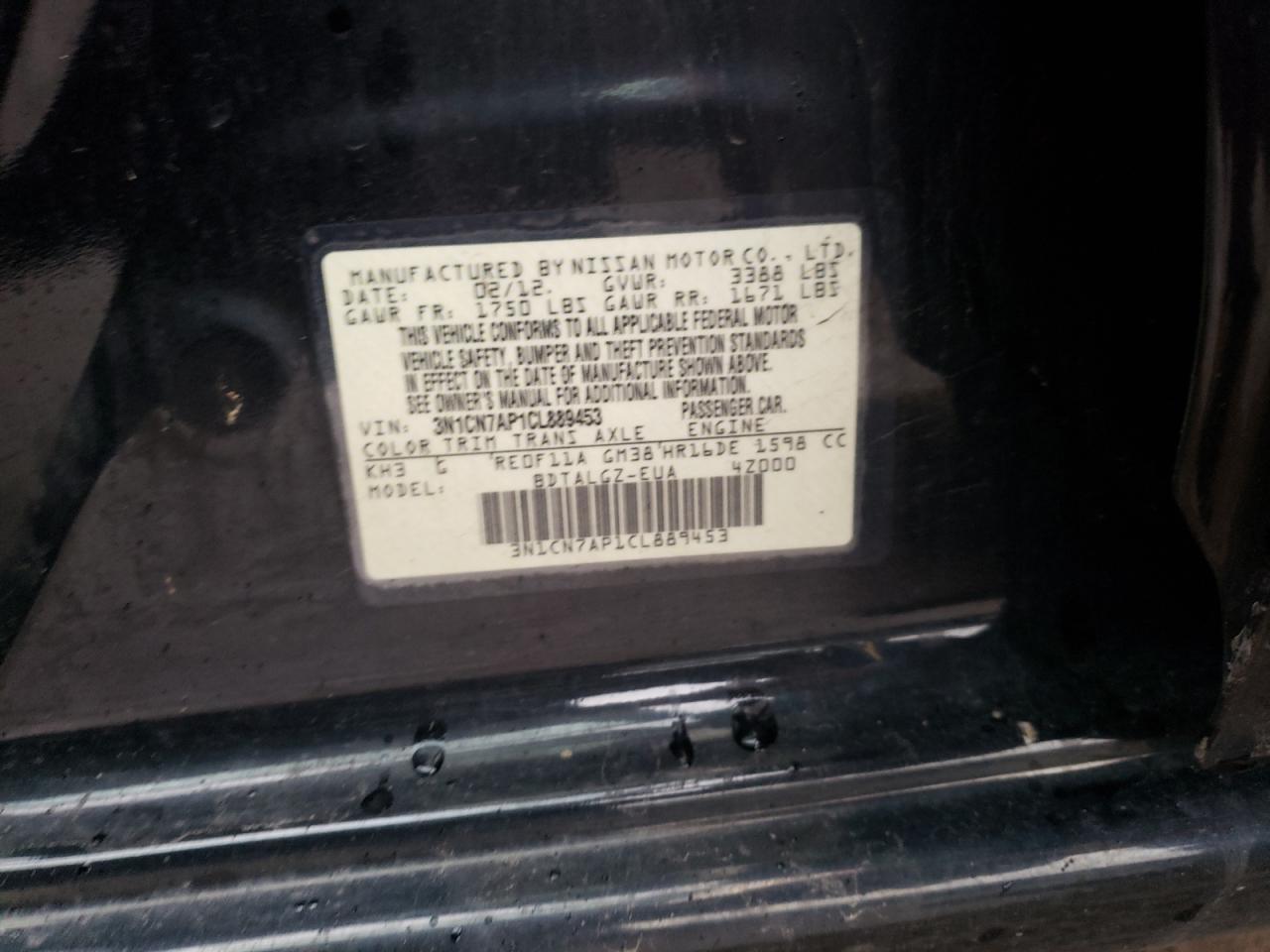 Photo 10 from auction – 2012 NISSAN VERSA with VIN 3N1CN7AP1CL889453