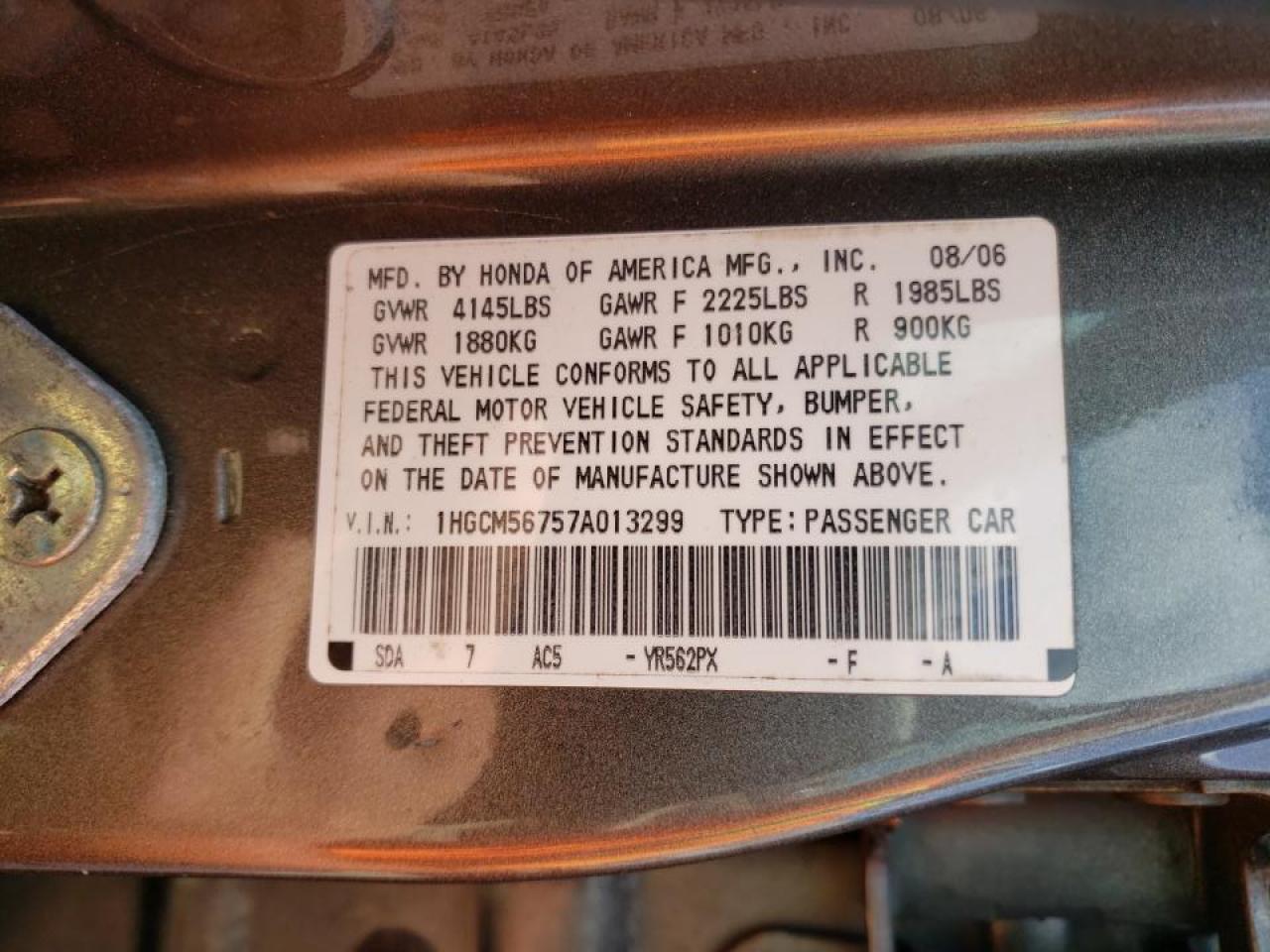 Photo 10 from auction – 2007 HONDA ACCORD EX with VIN 1HGCM56757A013299