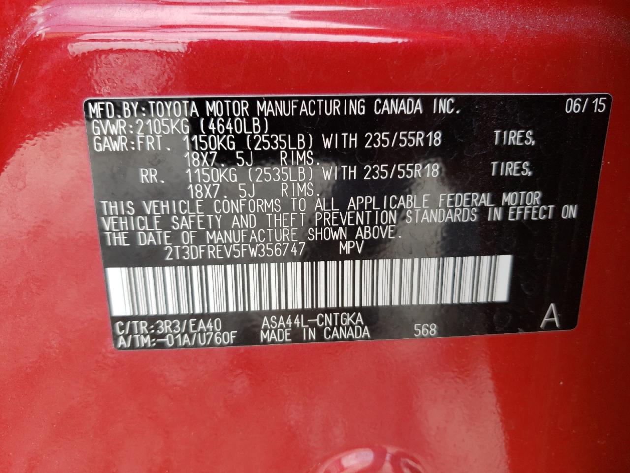 Photo 10 from auction – 2015 TOYOTA RAV4 LIMIT with VIN 2T3DFREV5FW356747