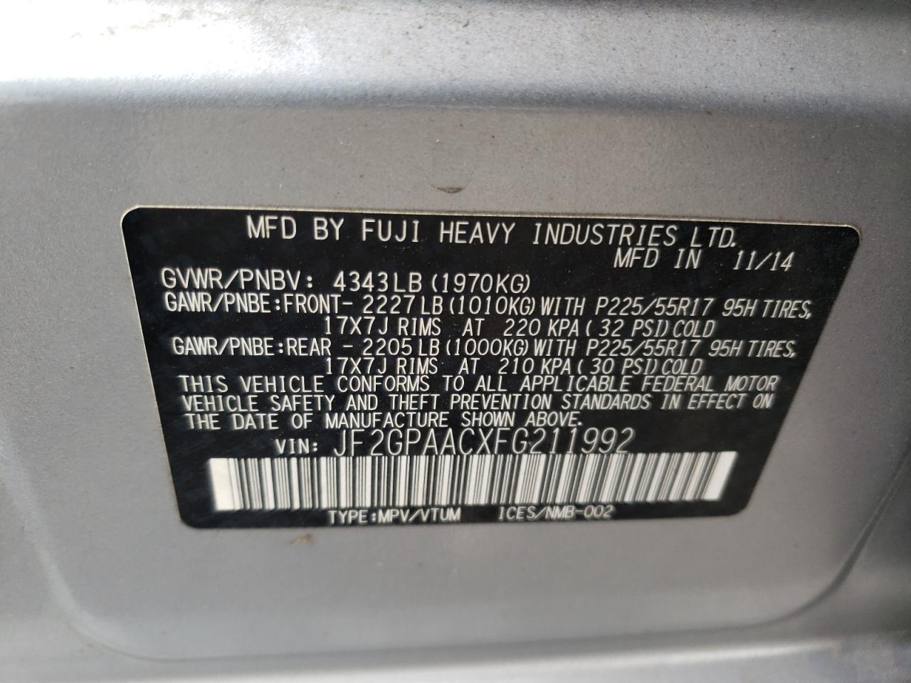 Photo 10 from auction – 2015 SUBARU XV CROSSTR with VIN JF2GPAACXFG211992