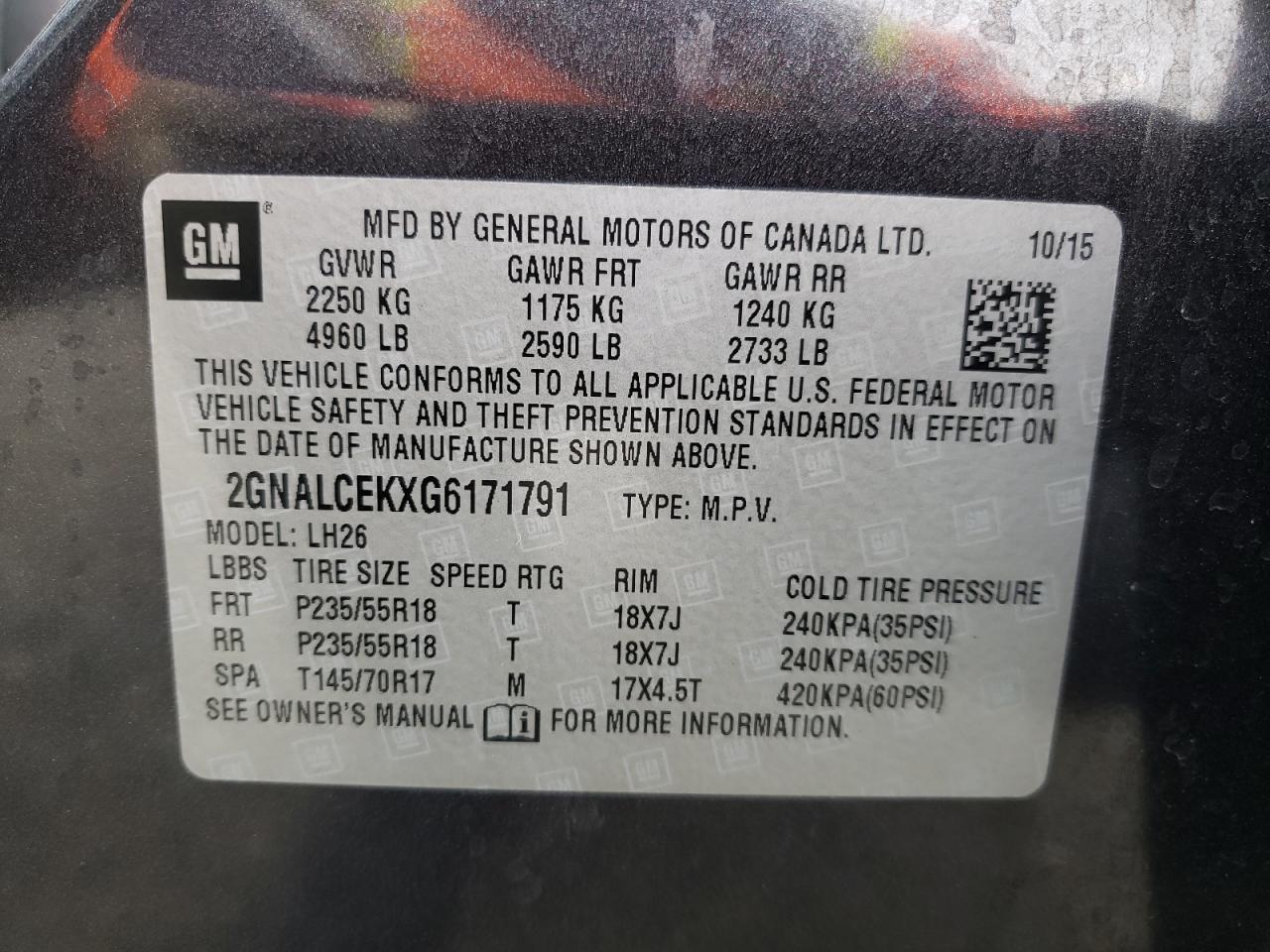 Photo 10 from auction – 2016 CHEVROLET EQUINOX LT with VIN 2GNALCEKXG6171791