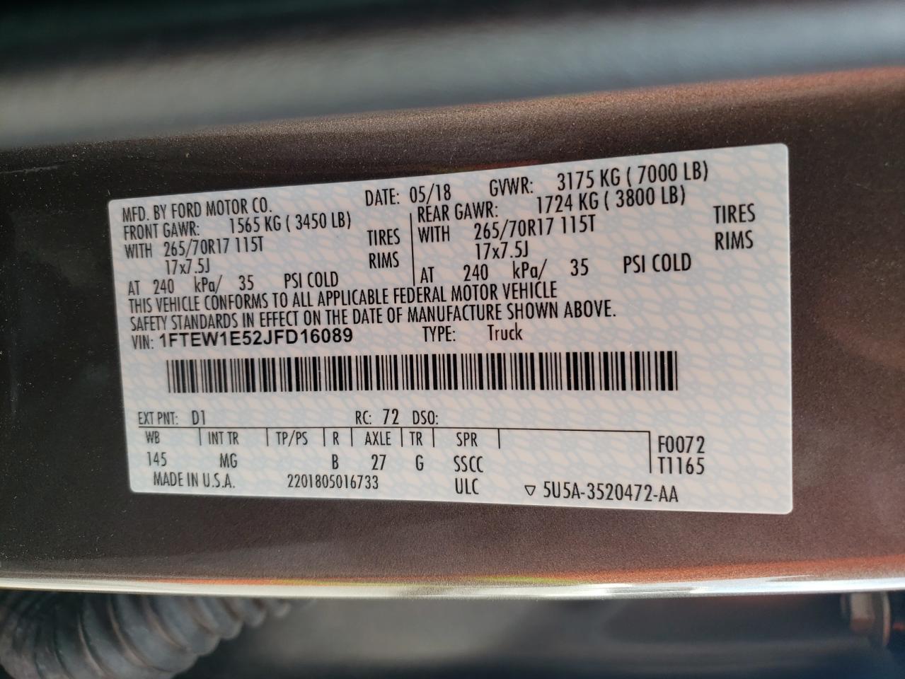 Photo 10 from auction – 2018 FORD F150 SUPER with VIN 1FTEW1E52JFD16089
