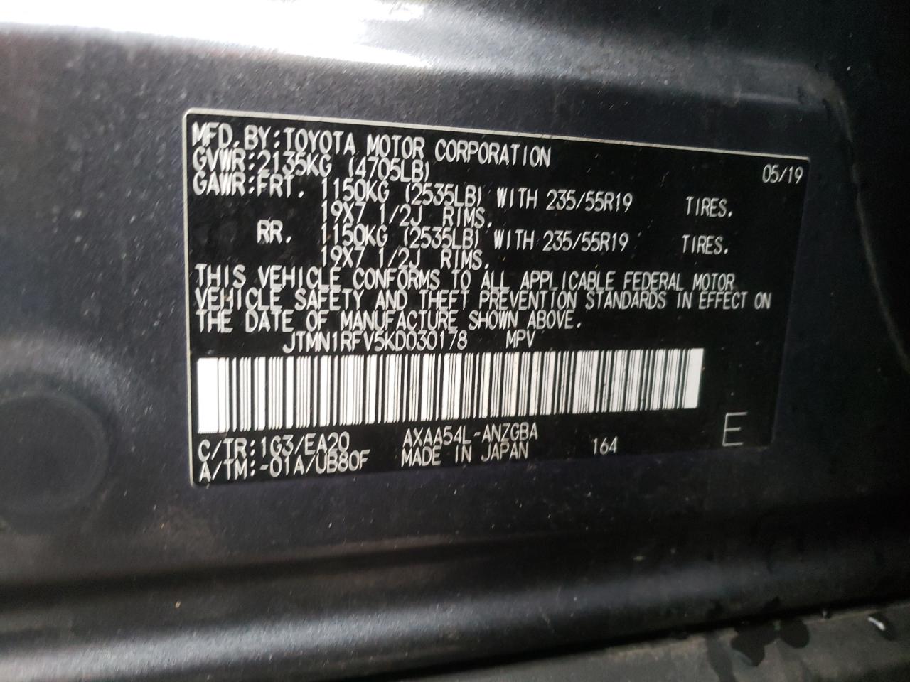 Photo 10 from auction – 2019 TOYOTA RAV4 LIMIT with VIN JTMN1RFV5KD030178