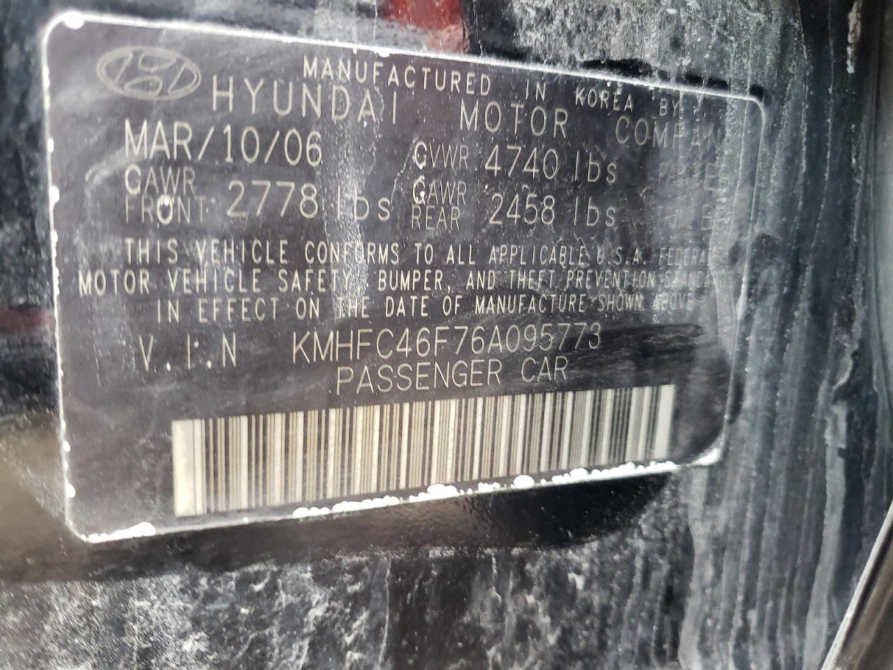 Photo 10 from auction – 2006 HYUNDAI AZERA SE with VIN KMHFC46F76A095773